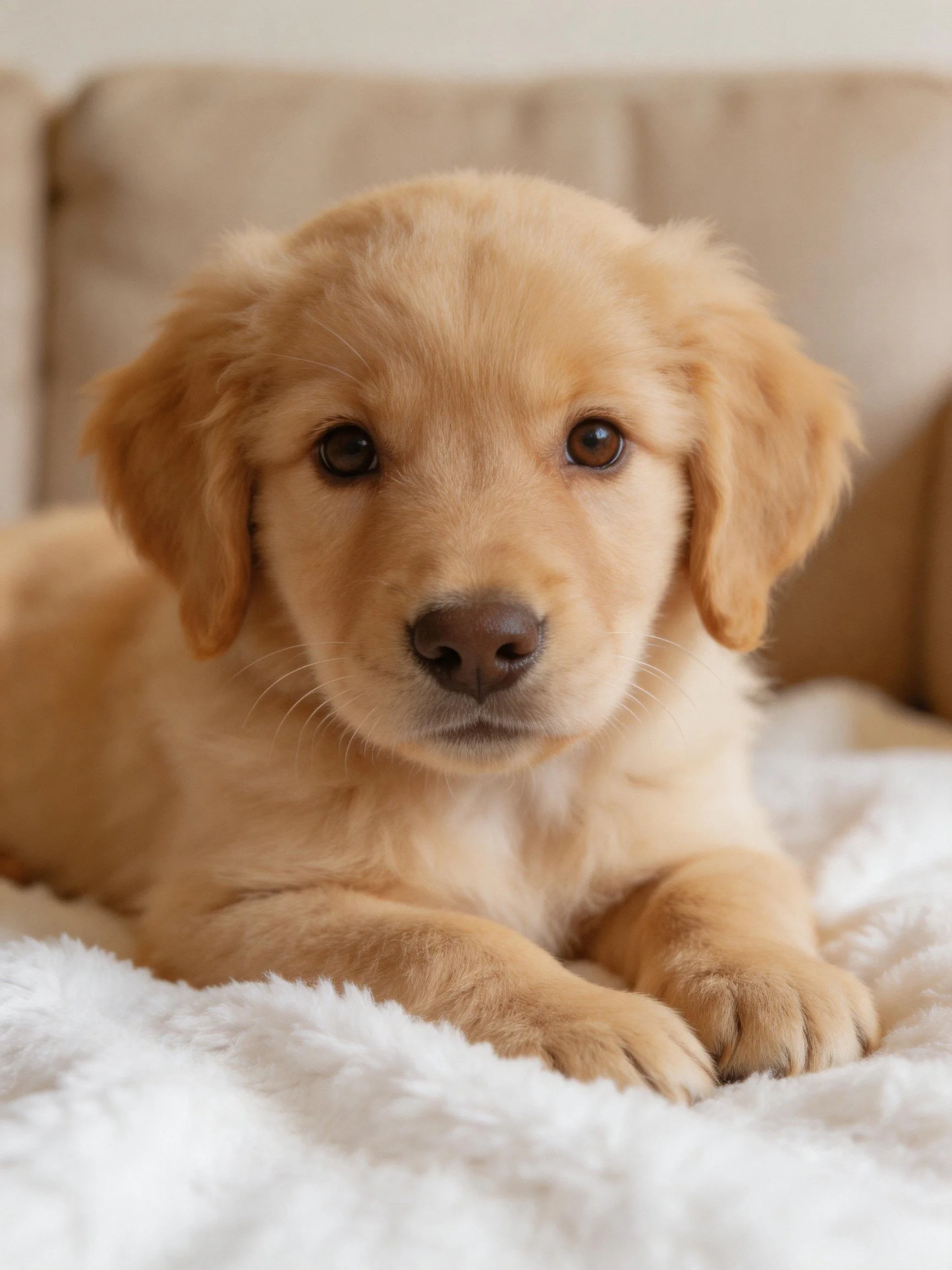 A golden retriever puppy relaxes on a soft blanket with a couch nearby.