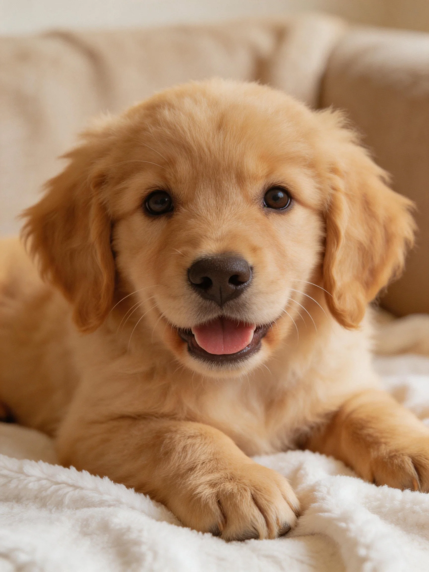 A golden retriever puppy relaxes on a white blanket in a cozy indoor space.