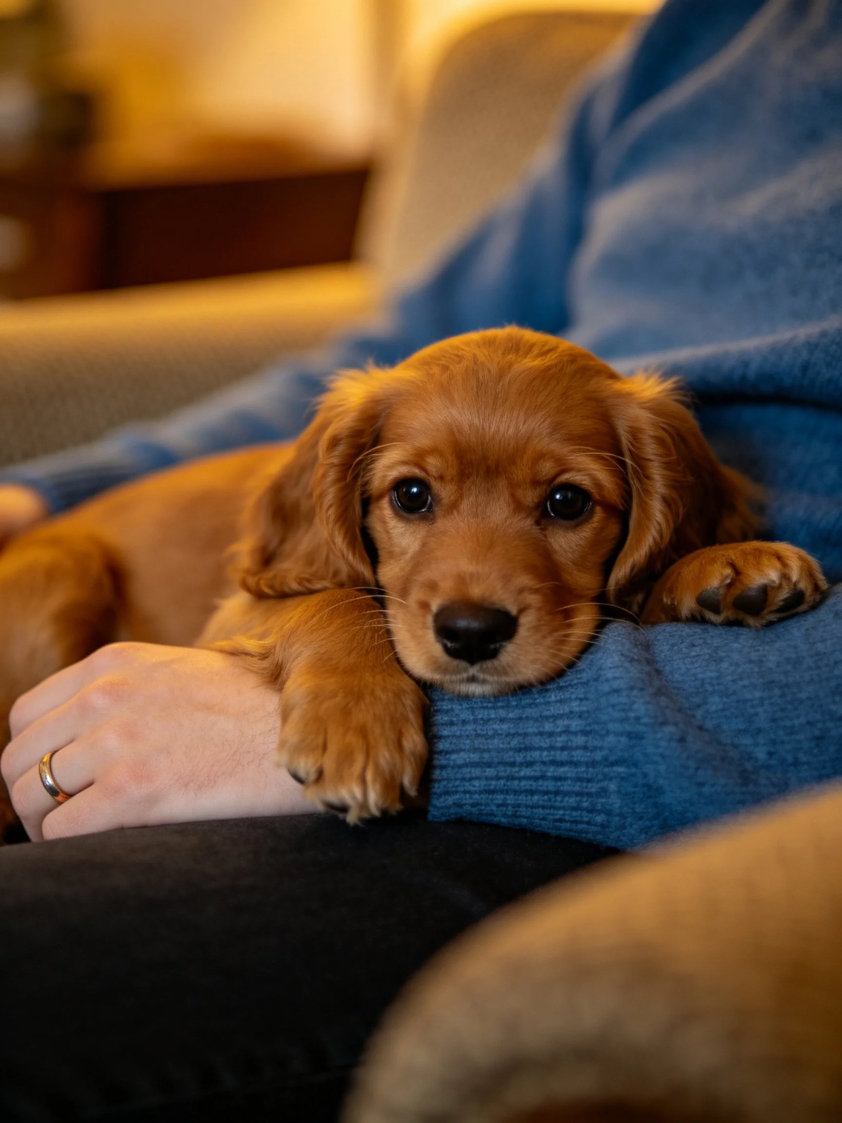 A golden retriever puppy relaxes against a person’s blue clothing in a warmly lit space.