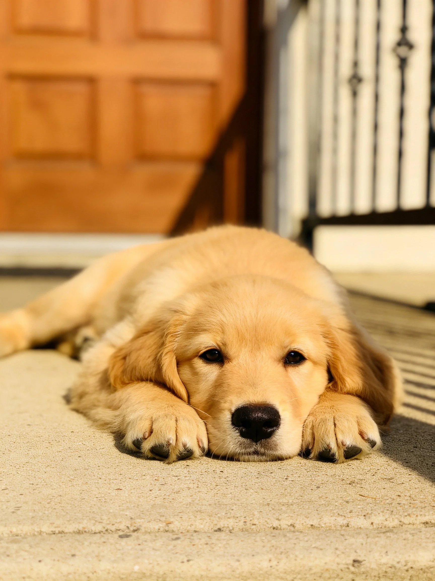 A golden retriever puppy rests on concrete near a wooden door.