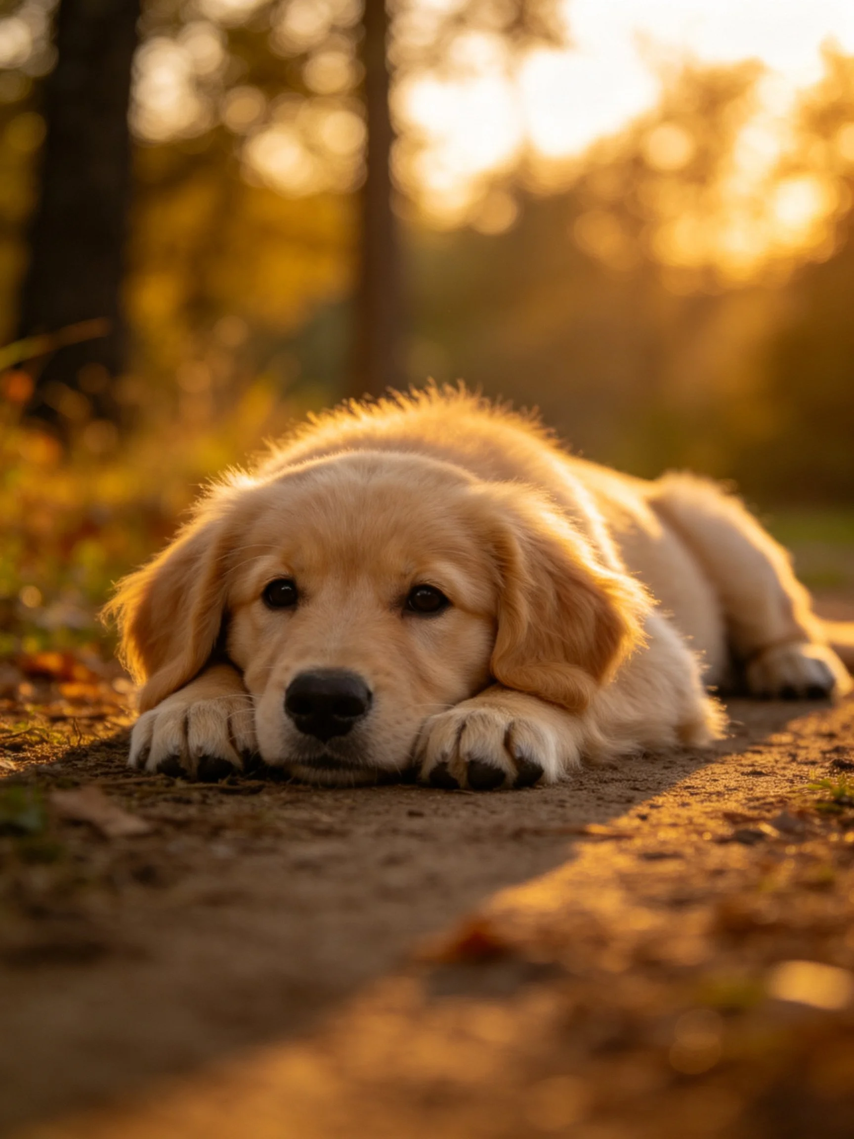 Golden retriever puppy rests peacefully on a dirt path illuminated by warm evening light.