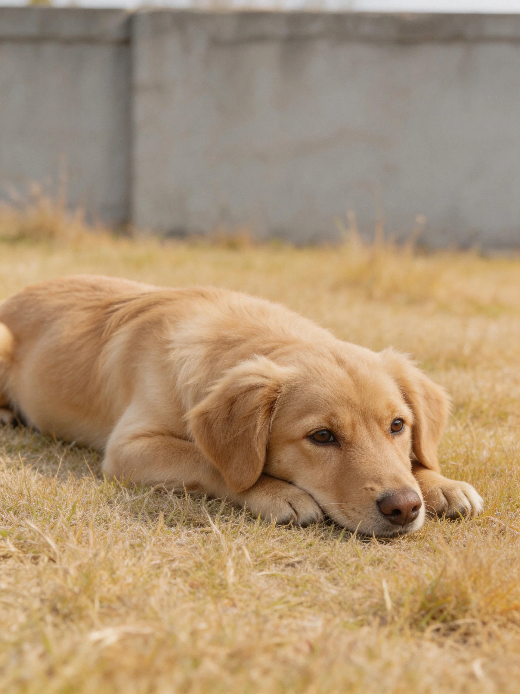 A golden retriever puppy lies on dry grass with a gray structure in the background.
