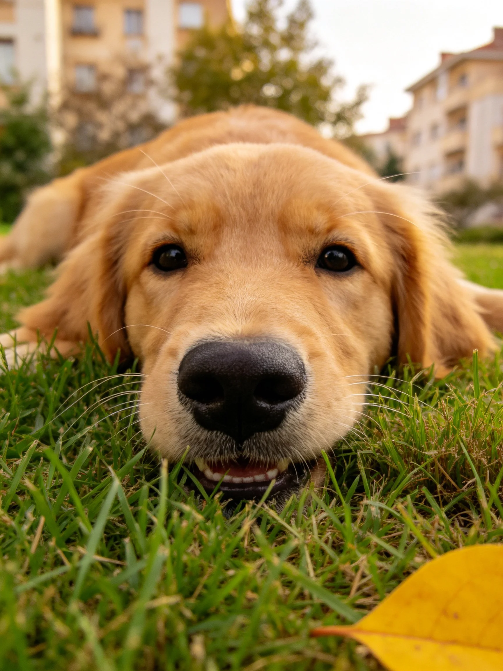 A golden retriever puppy relaxes on grass in an outdoor setting.
