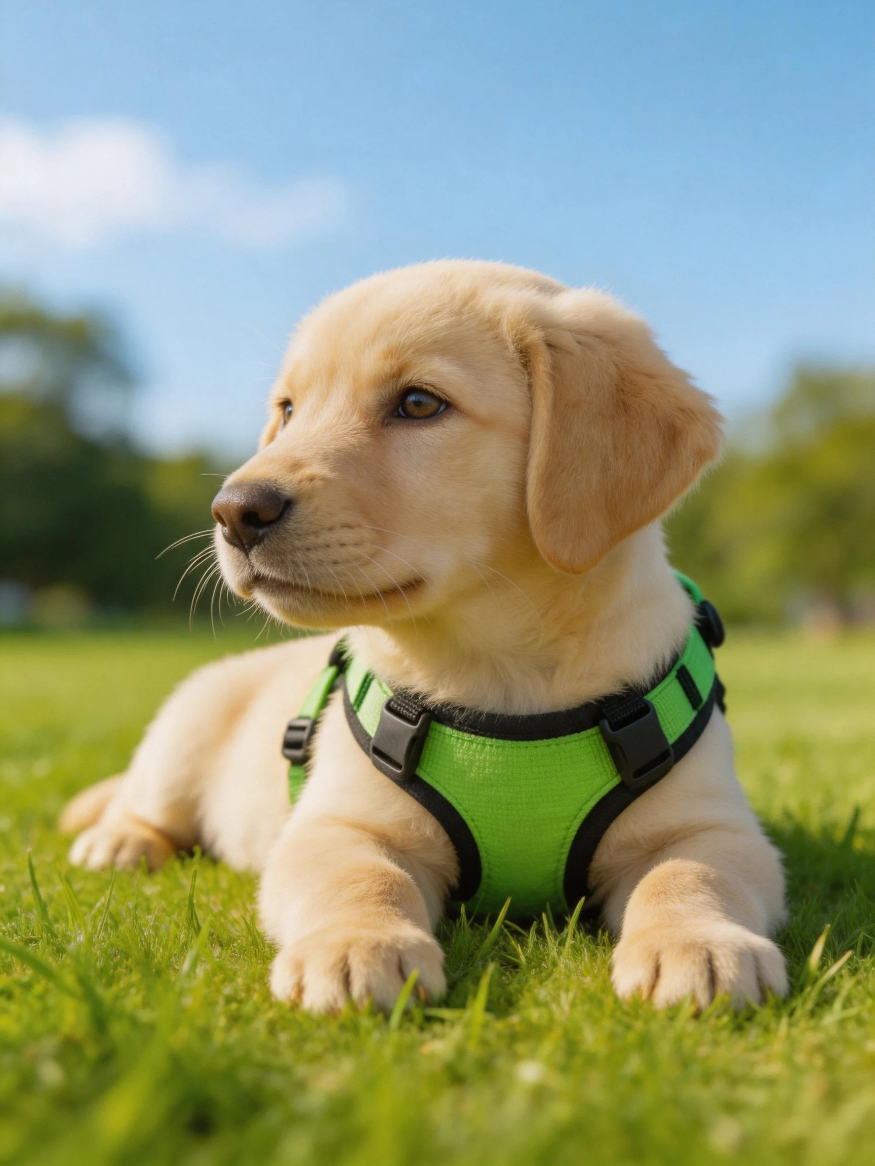 A golden retriever puppy relaxes on grass in a sunny outdoor setting.