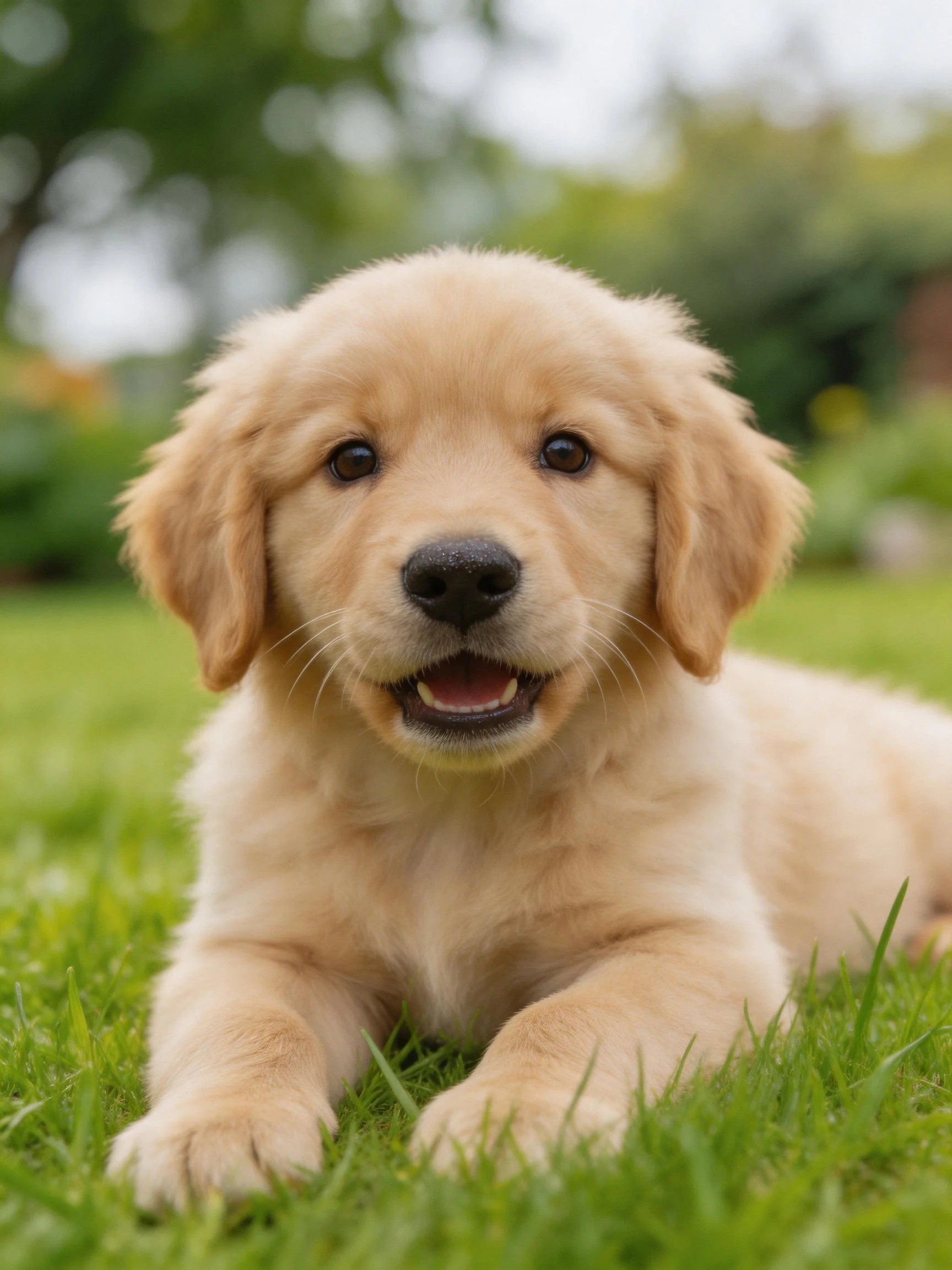 Golden retriever puppy relaxes on green grass outside