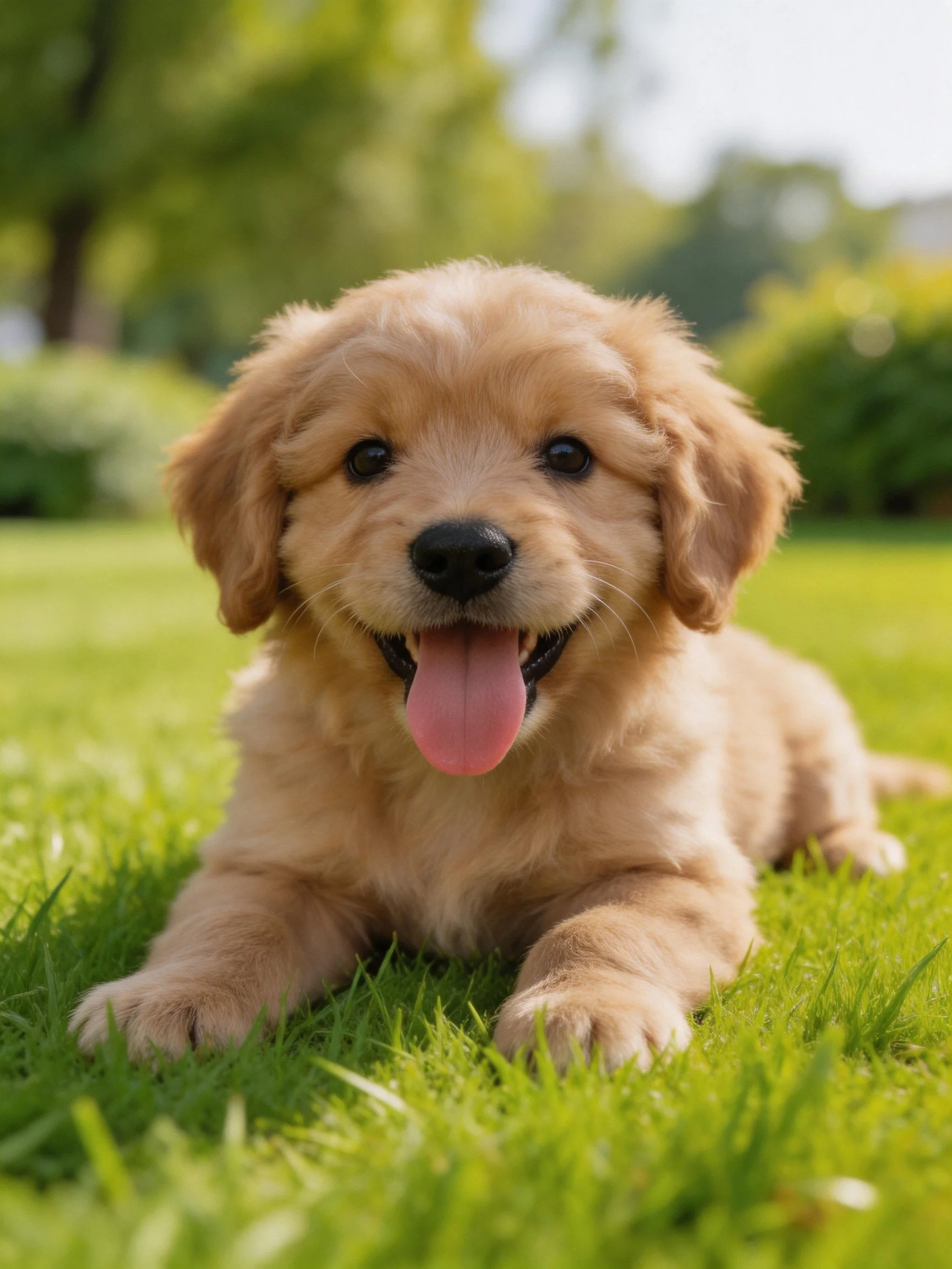 Golden retriever puppy relaxes happily on green grass in bright sunlight.
