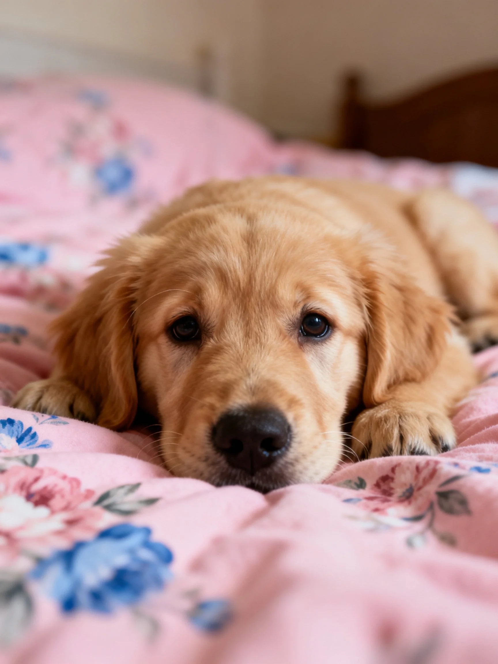 A golden retriever puppy rests calmly pink floral-patterned bedding.