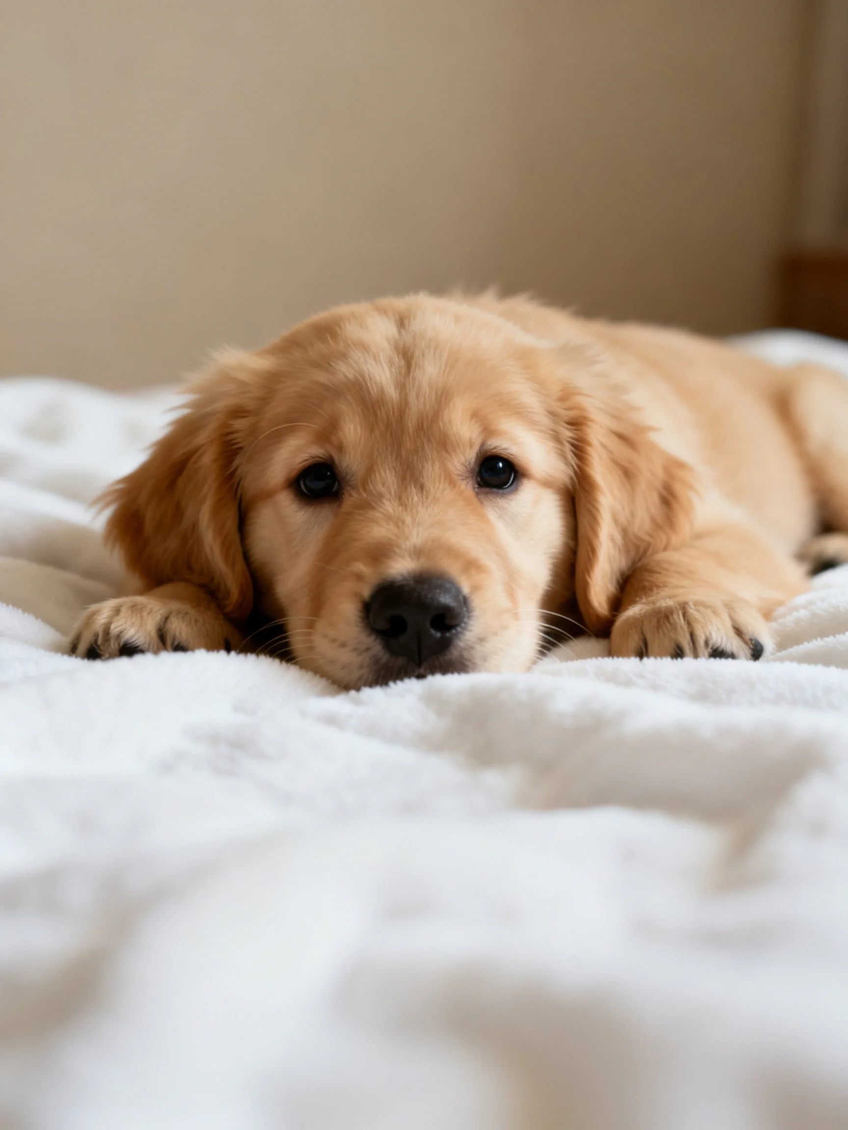 Golden retriever puppy lies comfortably on plush white blanket.