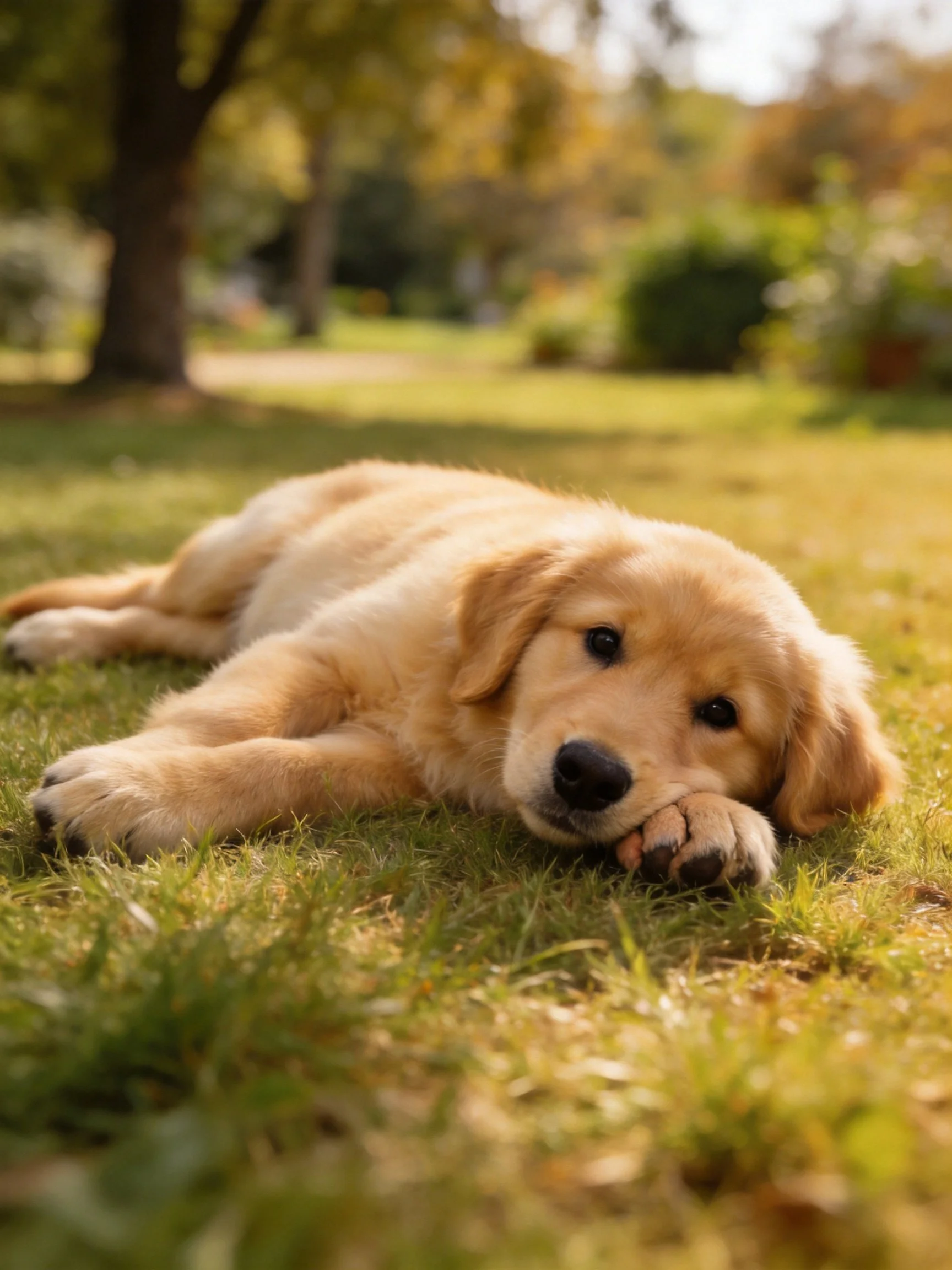 Golden retriever puppy rests peacefully on sunlit grass in a park.