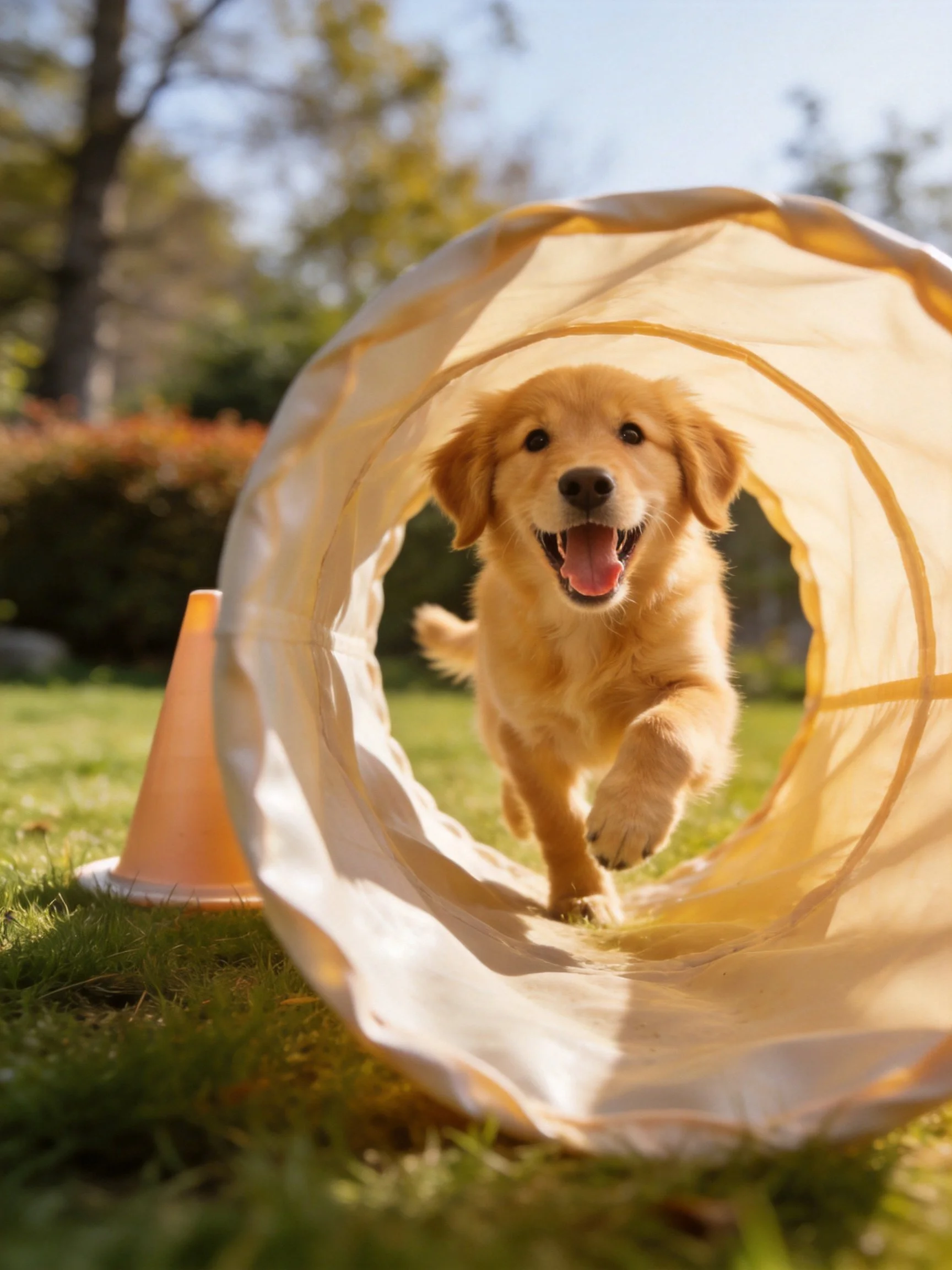 Golden retriever puppy running through a beige agility tunnel on grass