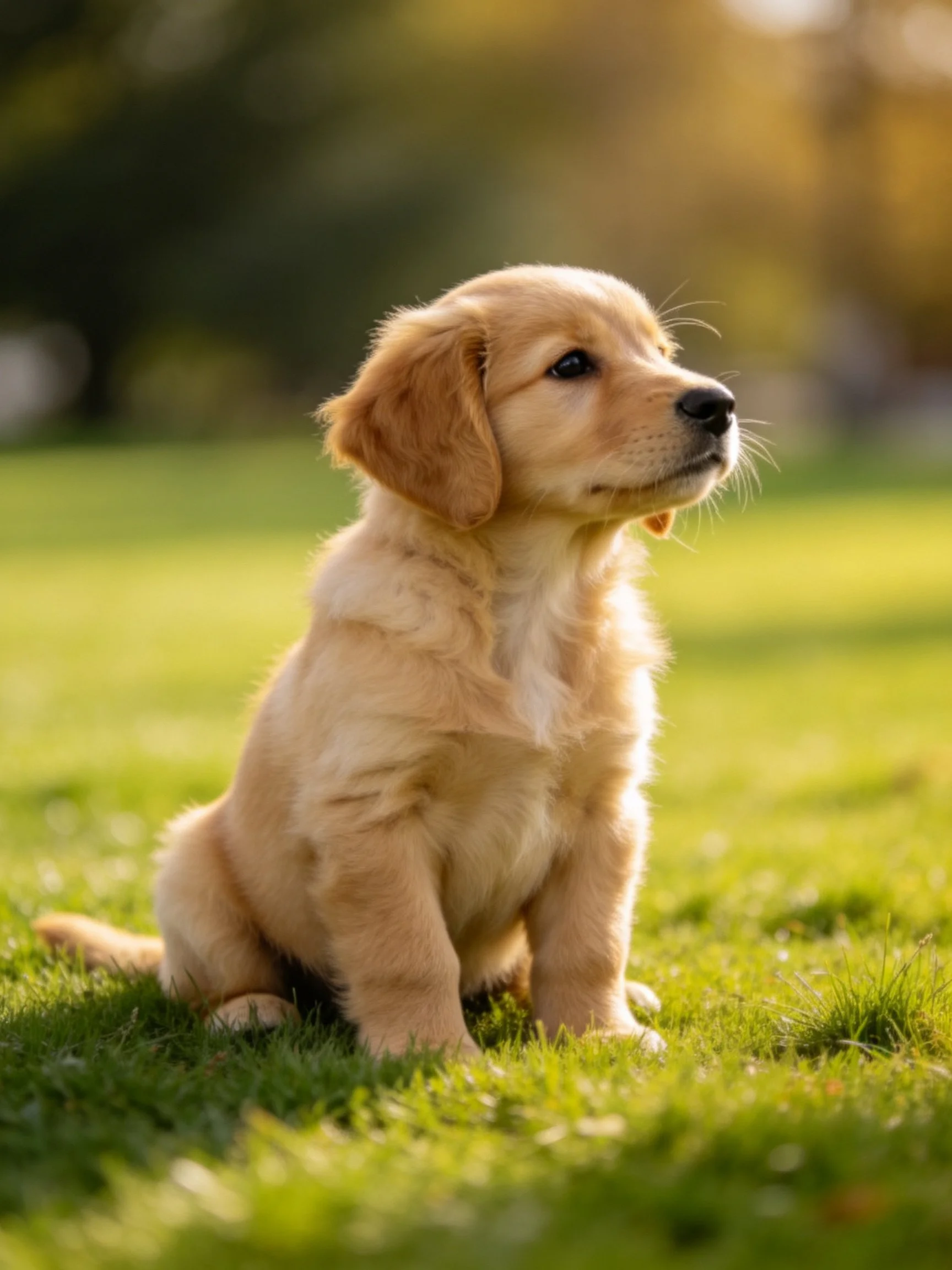 Golden retriever puppy sits on green grass in a sunny outdoor area.