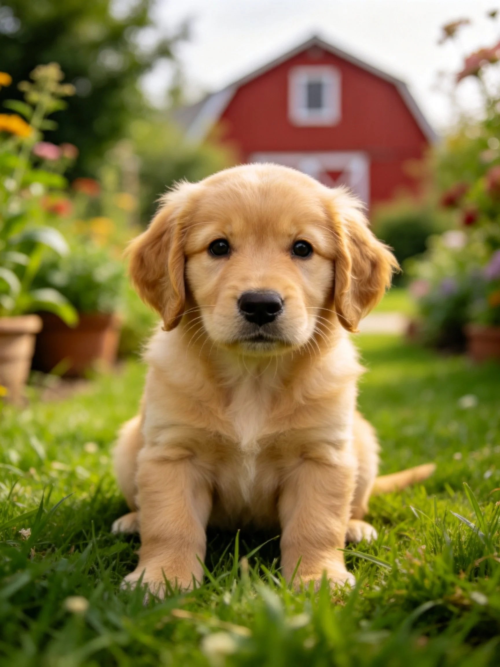 Golden retriever puppy sits on grass near red barn with flower-filled surroundings.