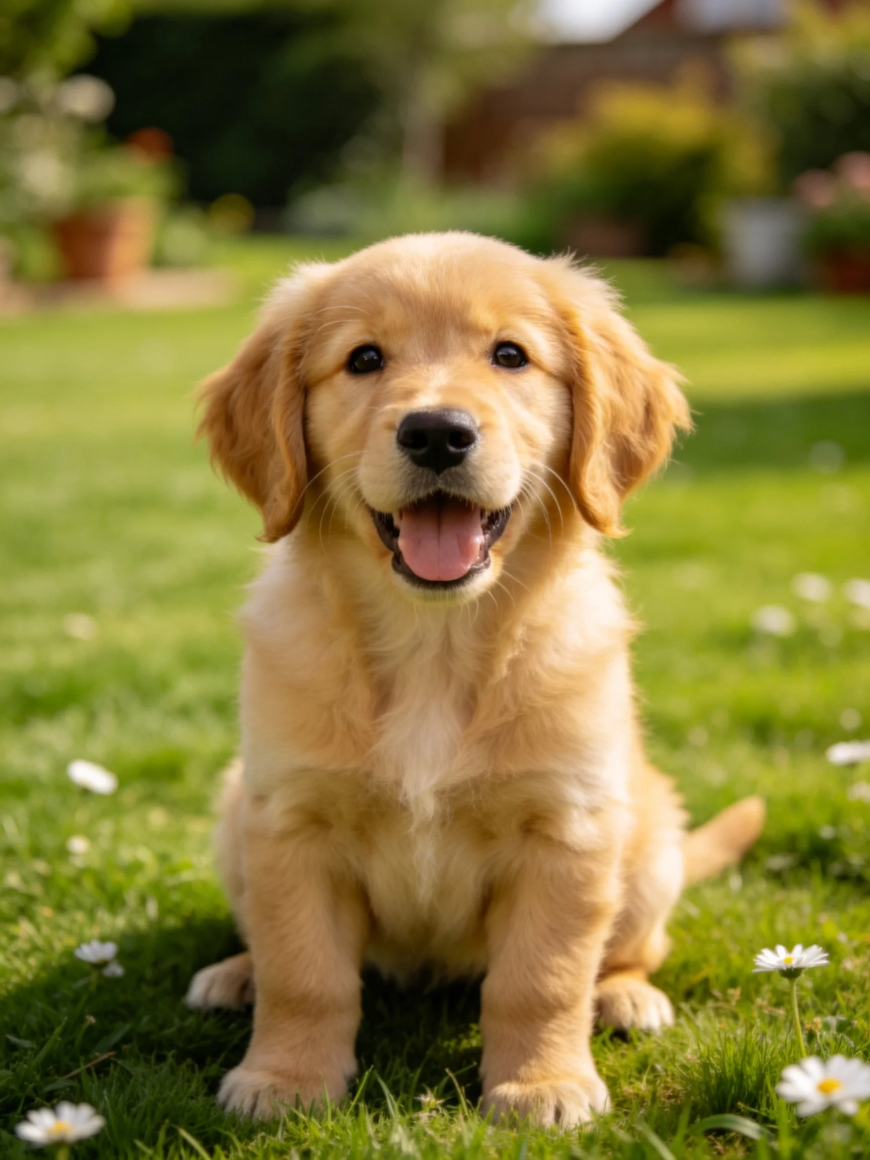 A golden retriever puppy sits happily on green grass with small white flowers.