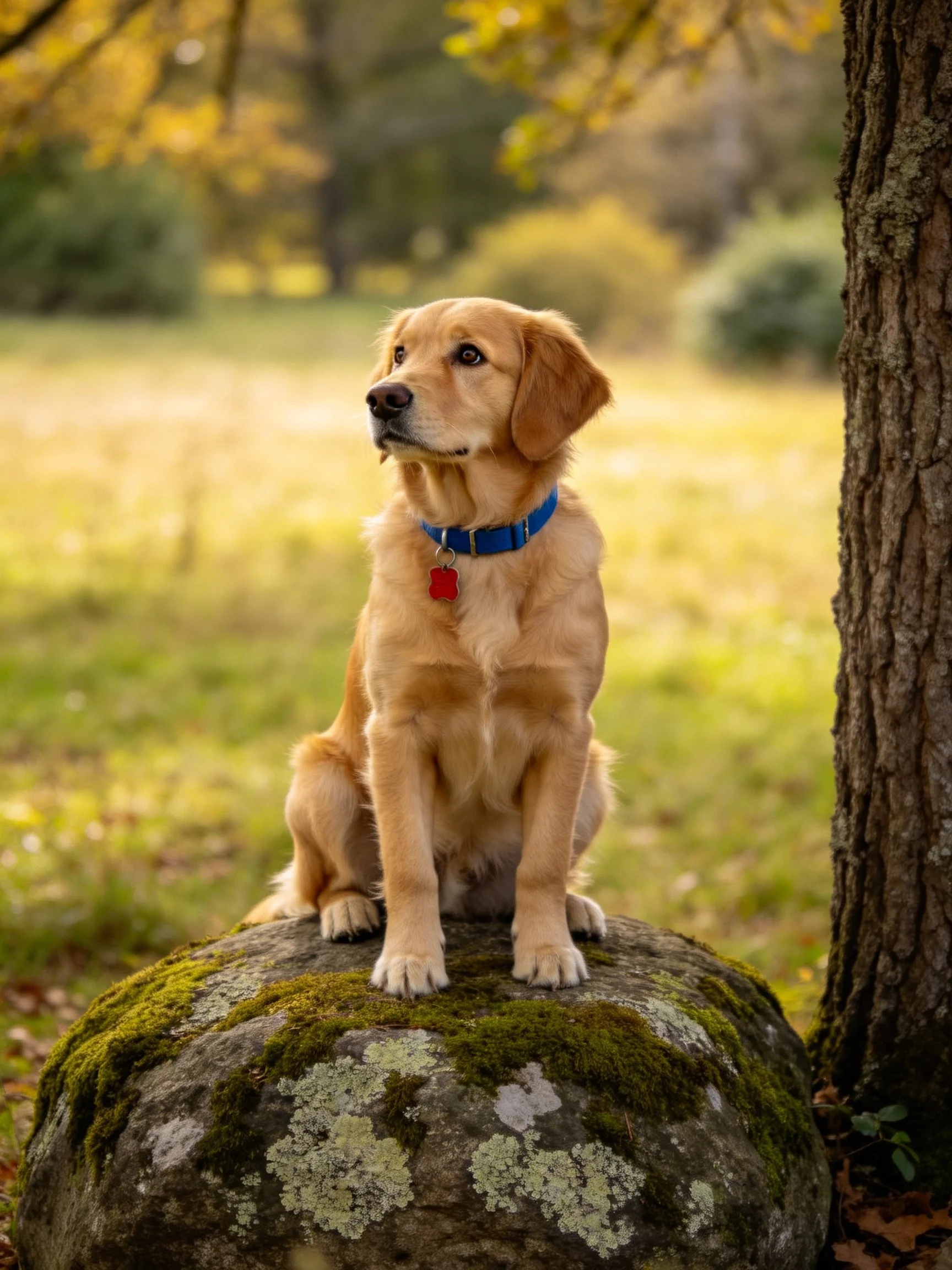Golden retriever puppy sits on mossy rock near tree in sunlit outdoor space