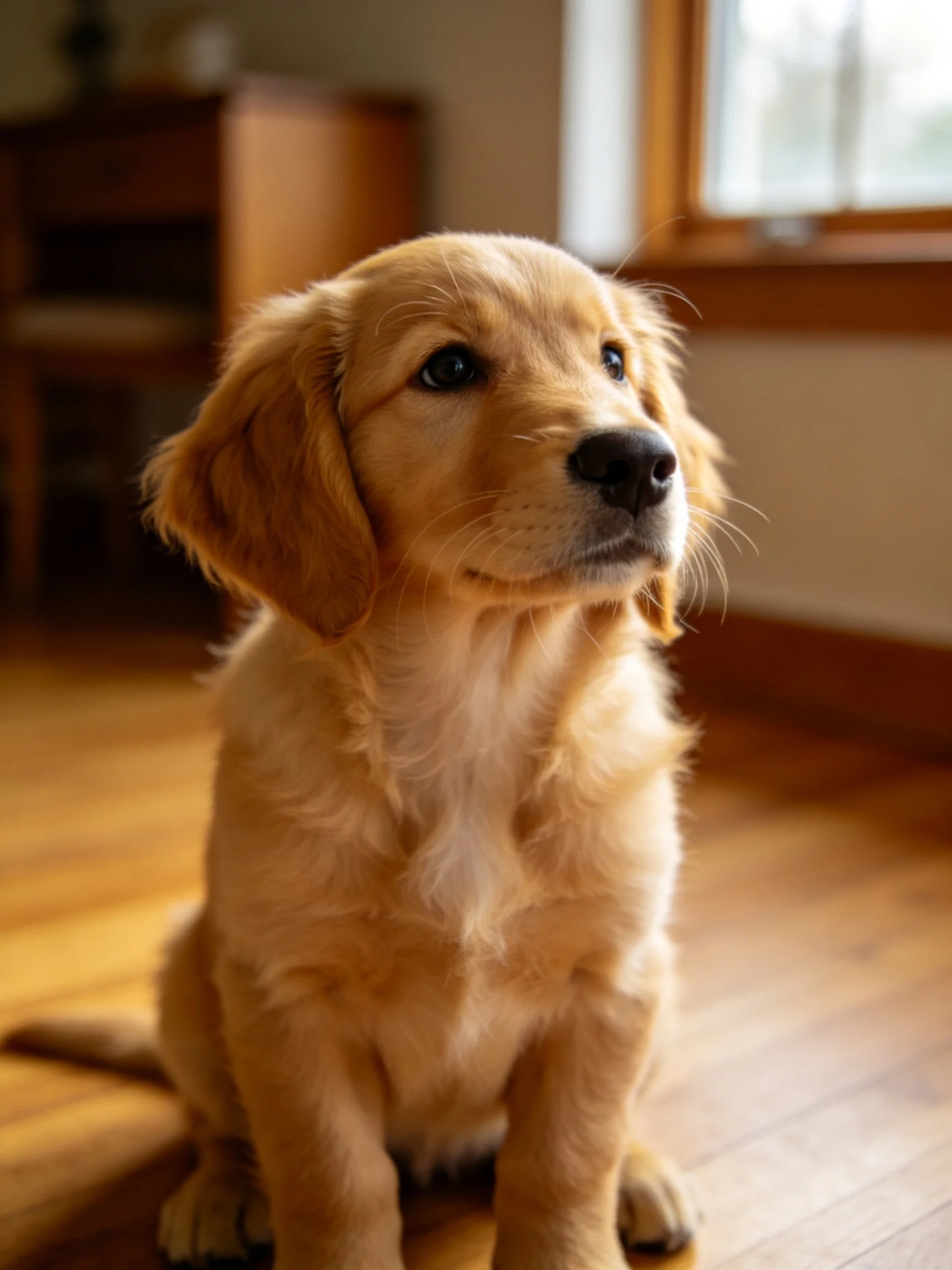 A golden retriever puppy sits calmly on a polished wooden floor in a sunlit interior space.