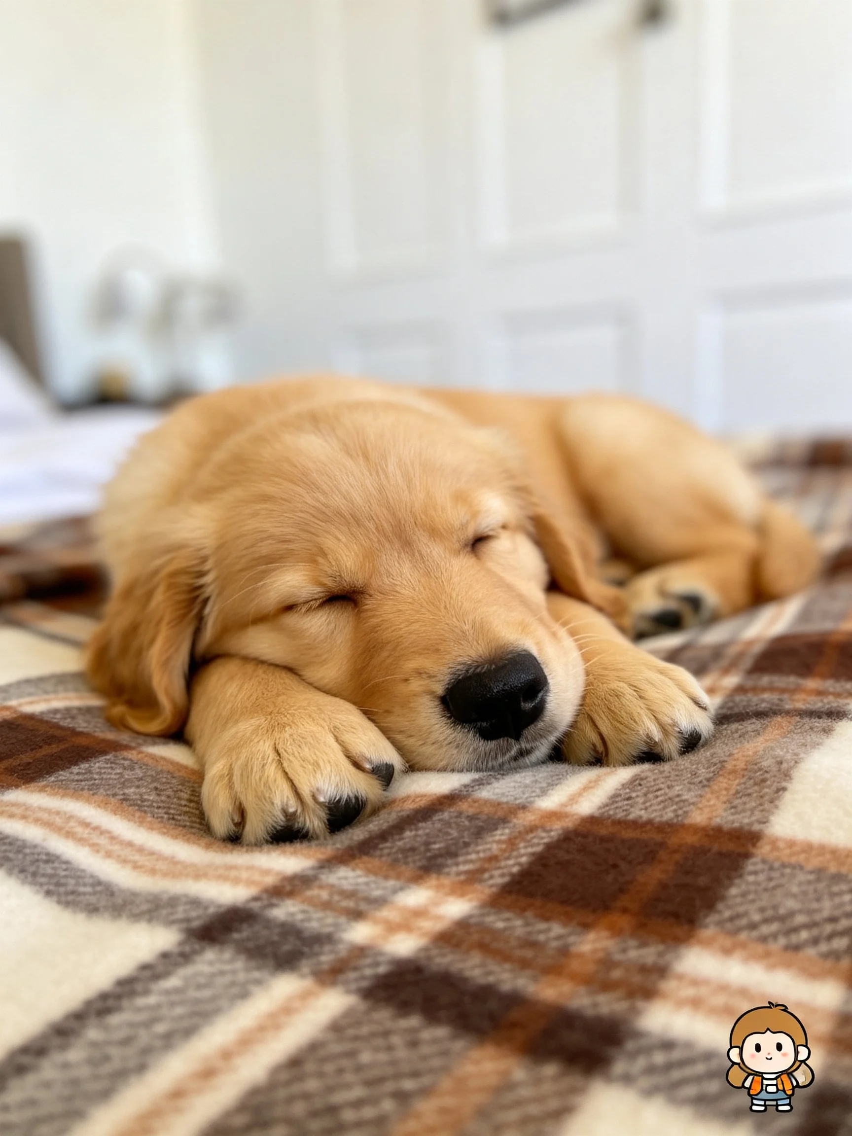 Golden retriever puppy sleeps on a plaid blanket