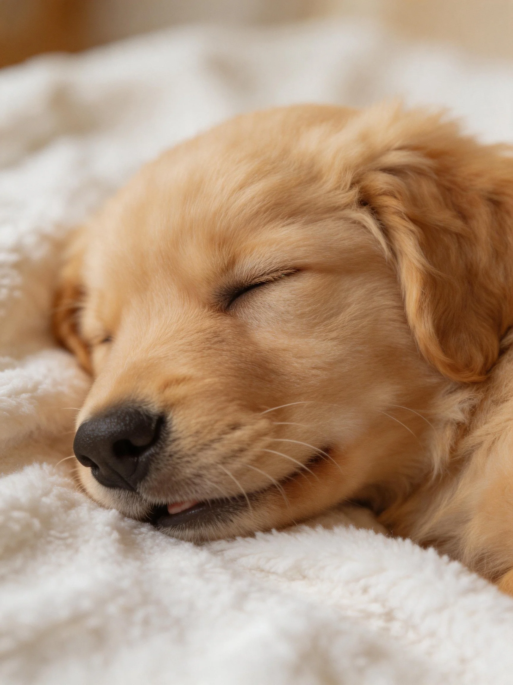 A golden retriever puppy sleeps peacefully on a soft blanket.