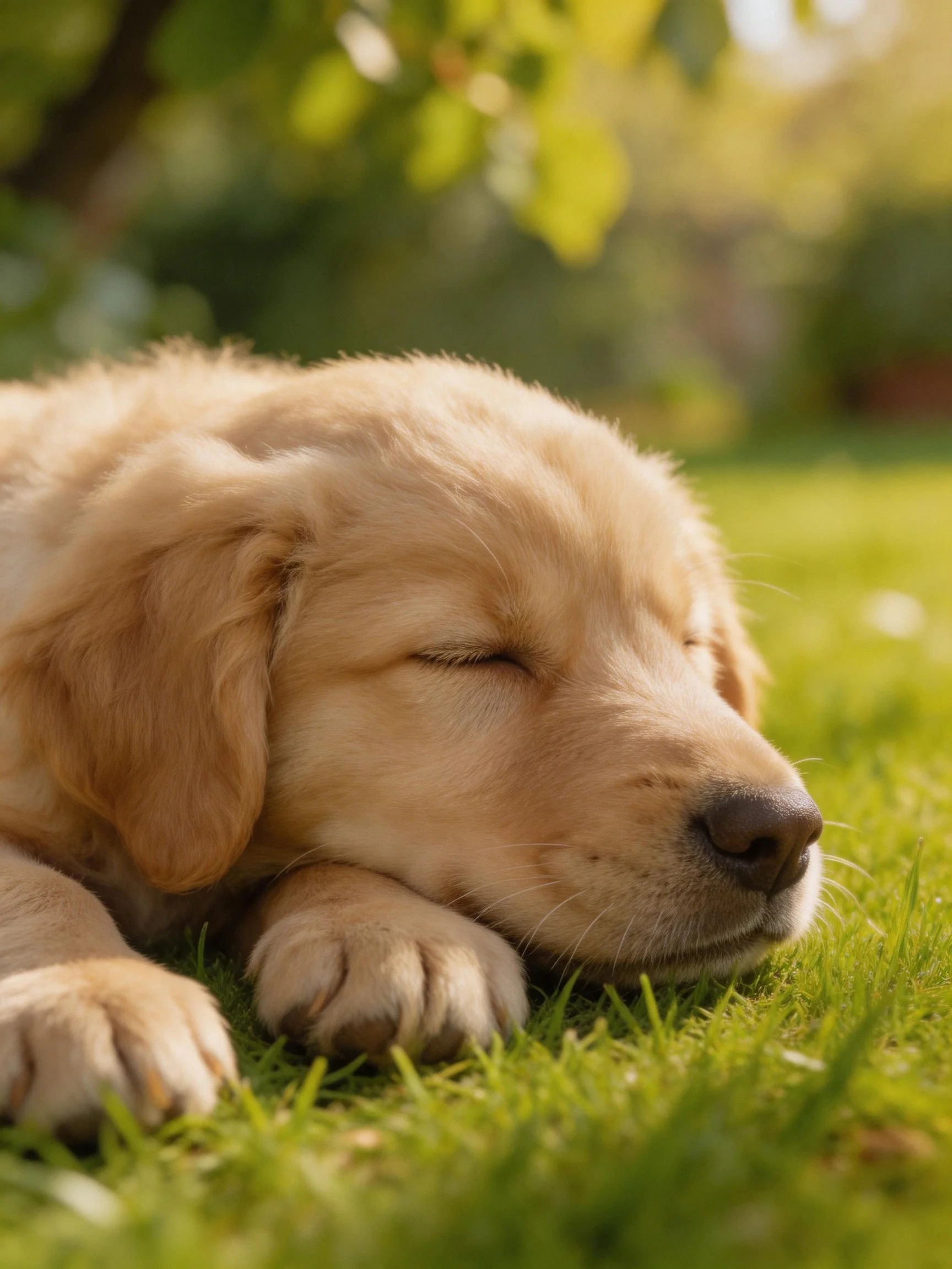 Golden retriever puppy sleeping on green grass