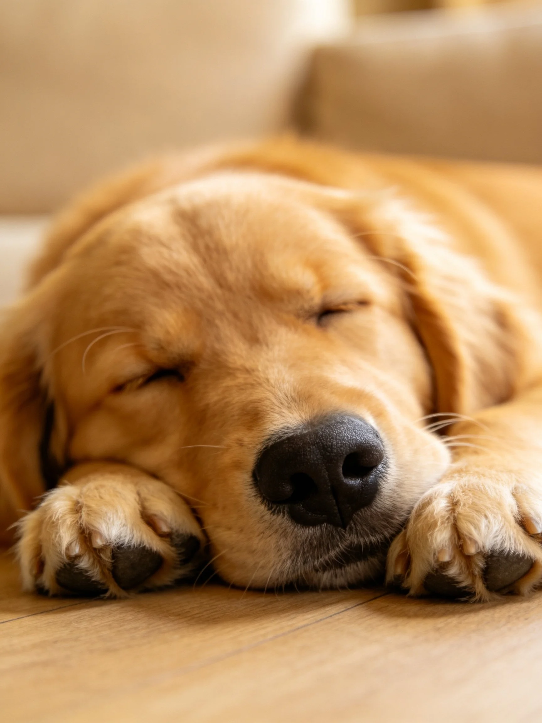 Golden retriever puppy sleeping with closed eyes on wooden floor