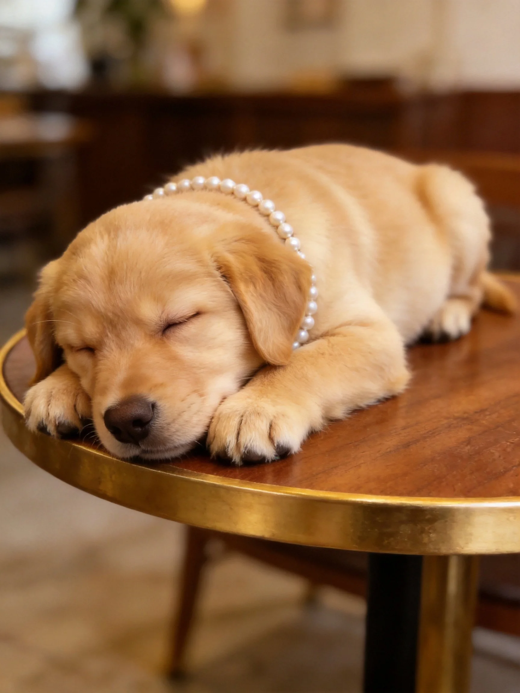 Golden retriever puppy naps on a polished wooden table.