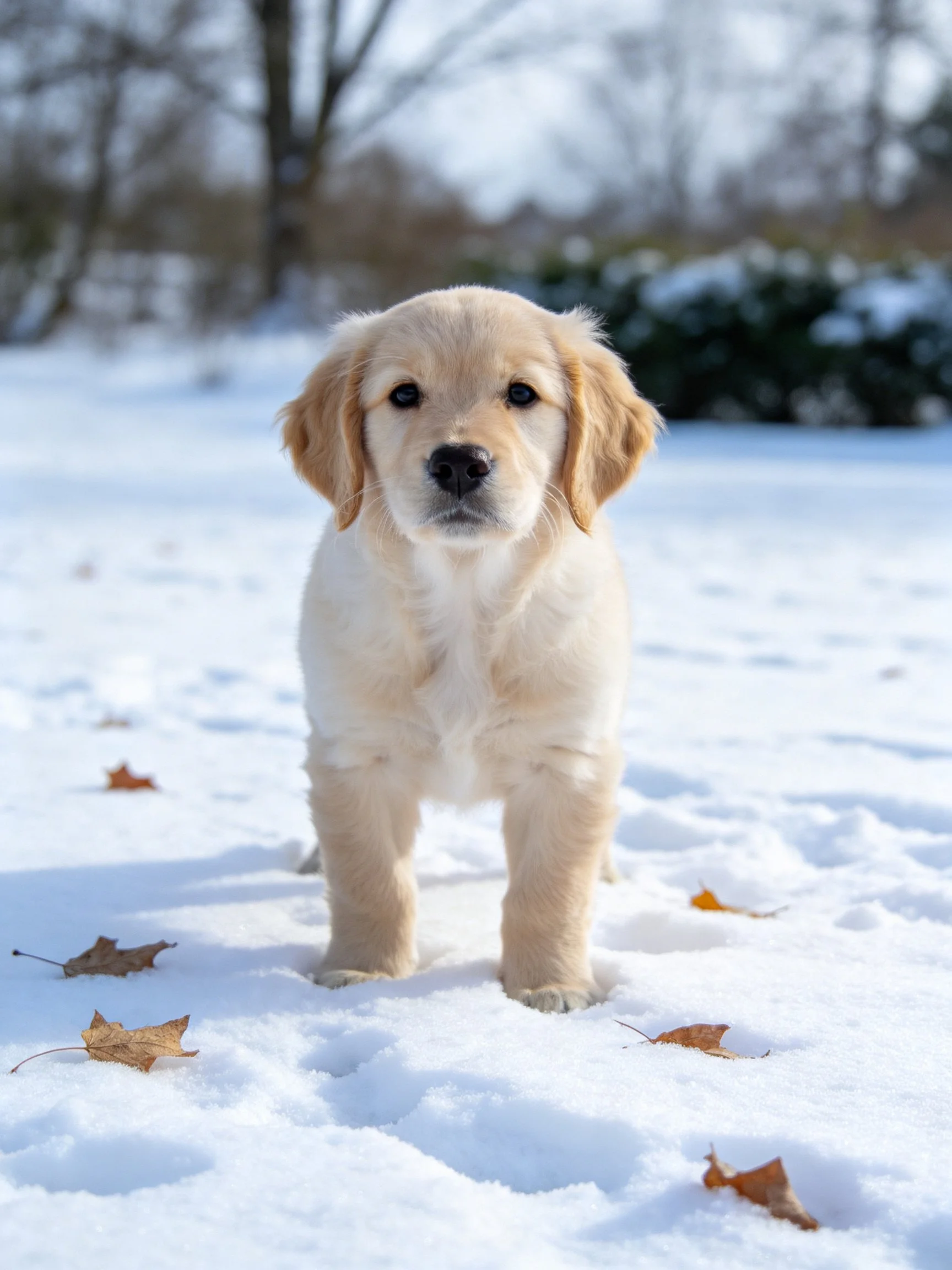 A golden retriever puppy stands in a snowy outdoor area with scattered leaves.