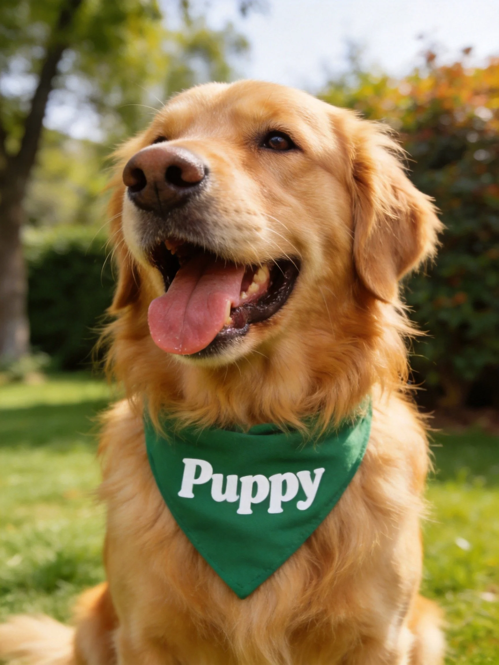 A golden retriever puppy wears a green bandana while sitting happily outside.