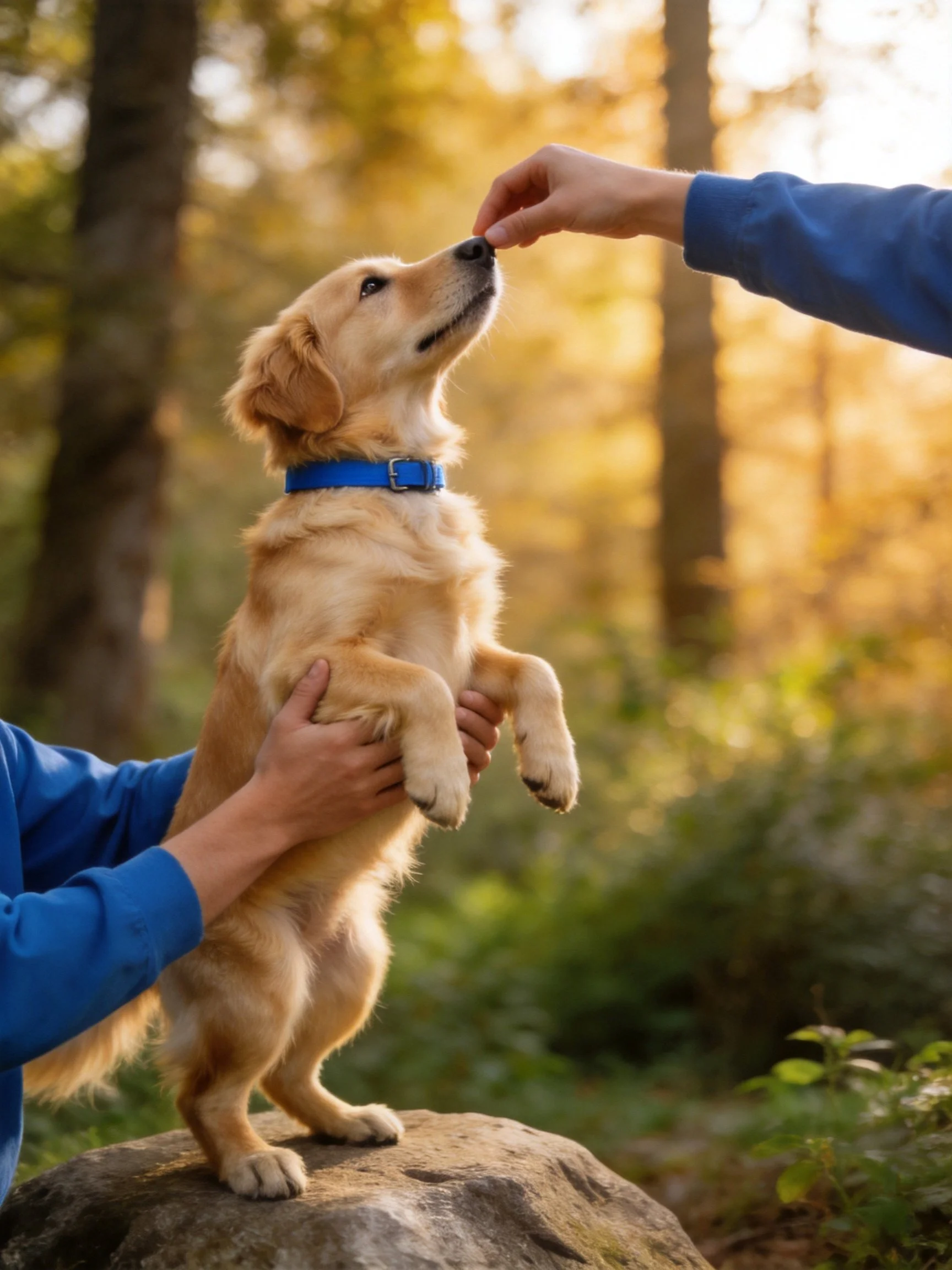 Puppy receives a treat while standing on a rock outdoors
