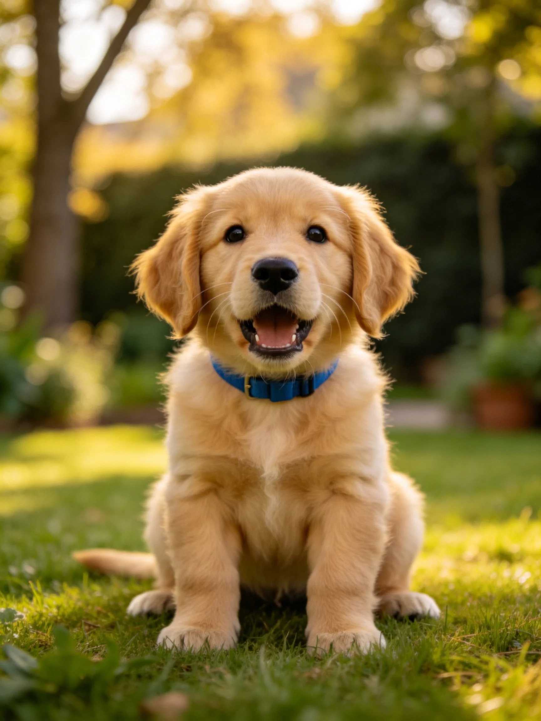 A golden retriever puppy wearing a blue collar sits happily on grass in a sunlit outdoor.