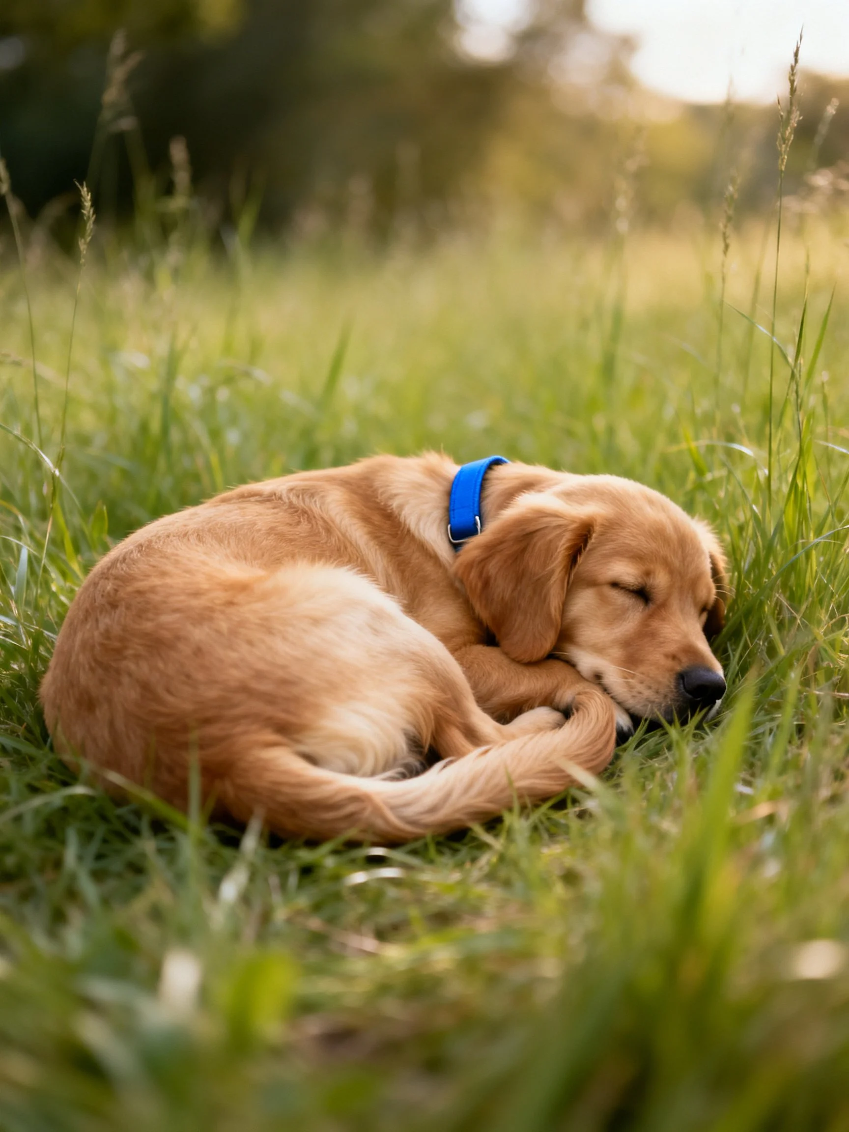 A golden retriever puppy with a blue collar relaxes in a grassy field.
