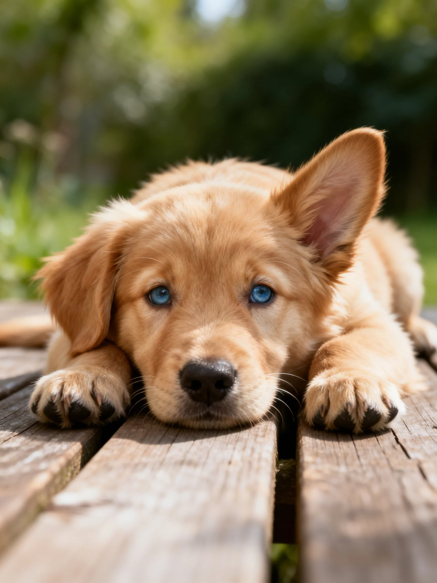 A golden retriever puppy with blue eyes rests on weathered wooden planks outdoors.
