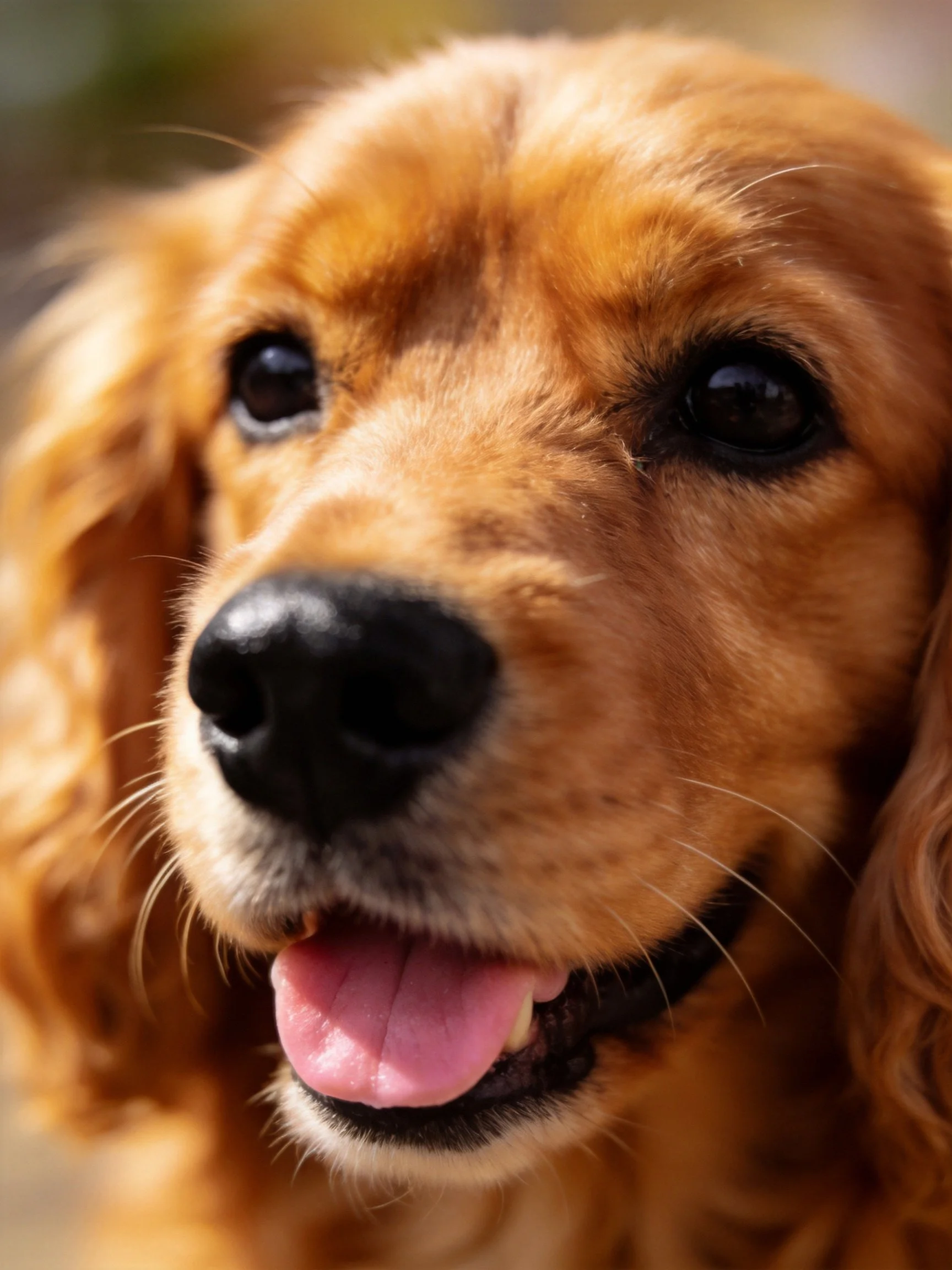 A golden retriever puppy with curly fur appears joyful with mouth open.