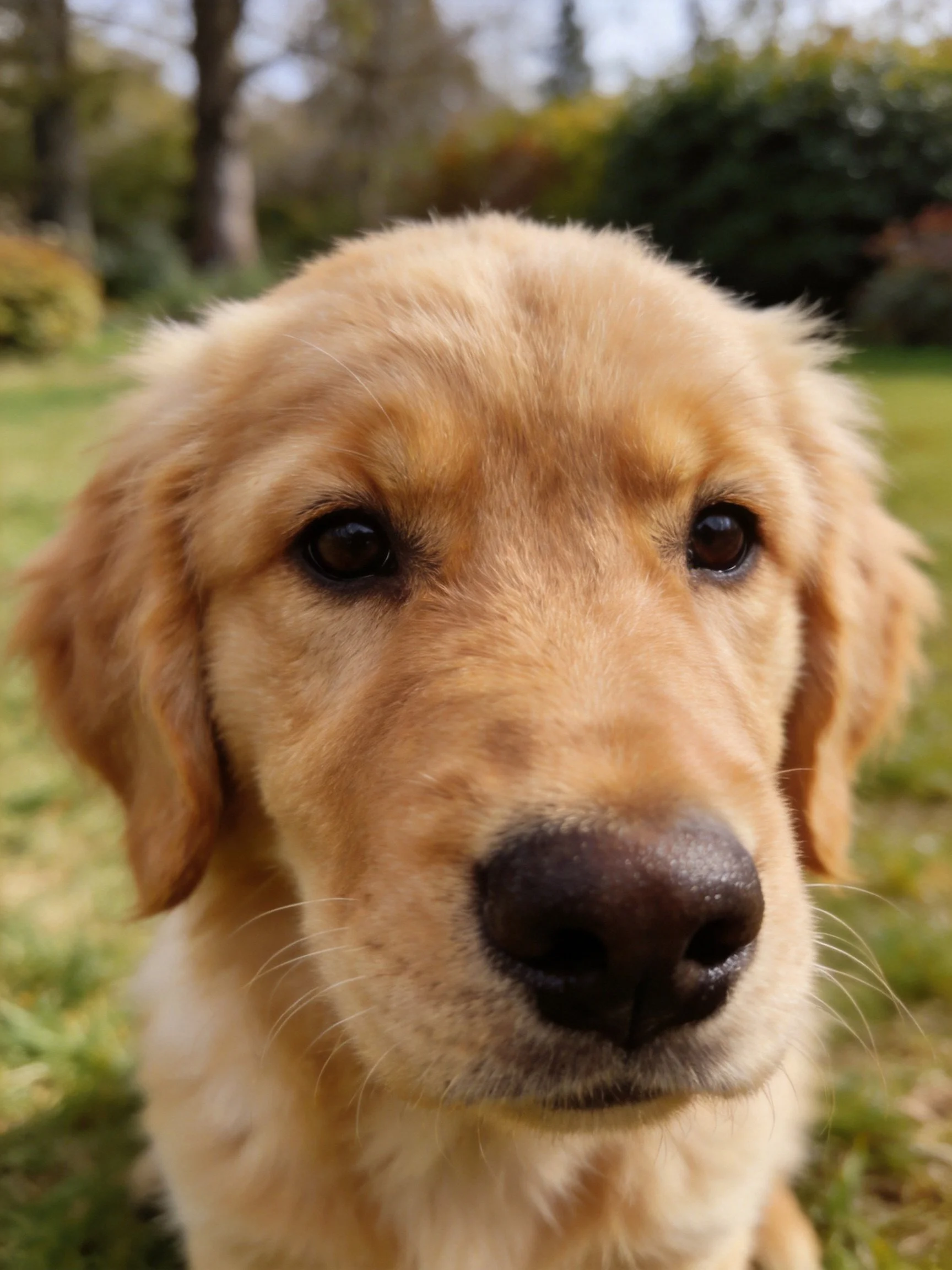 A golden retriever puppy looks directly at the camera in a grassy outdoor area.