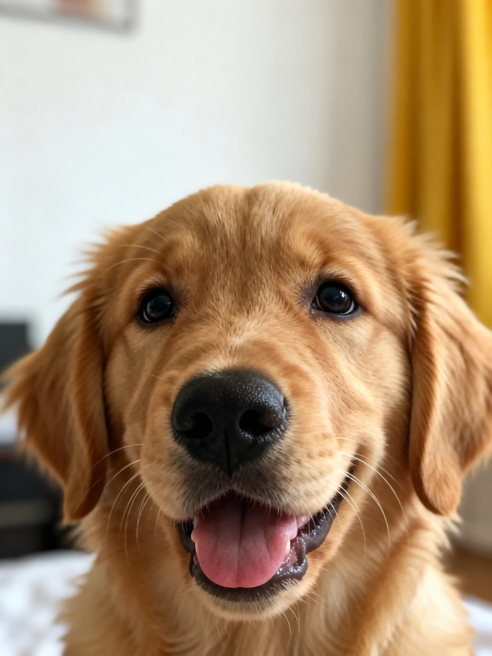 A golden retriever puppy appears cheerful with its mouth open.