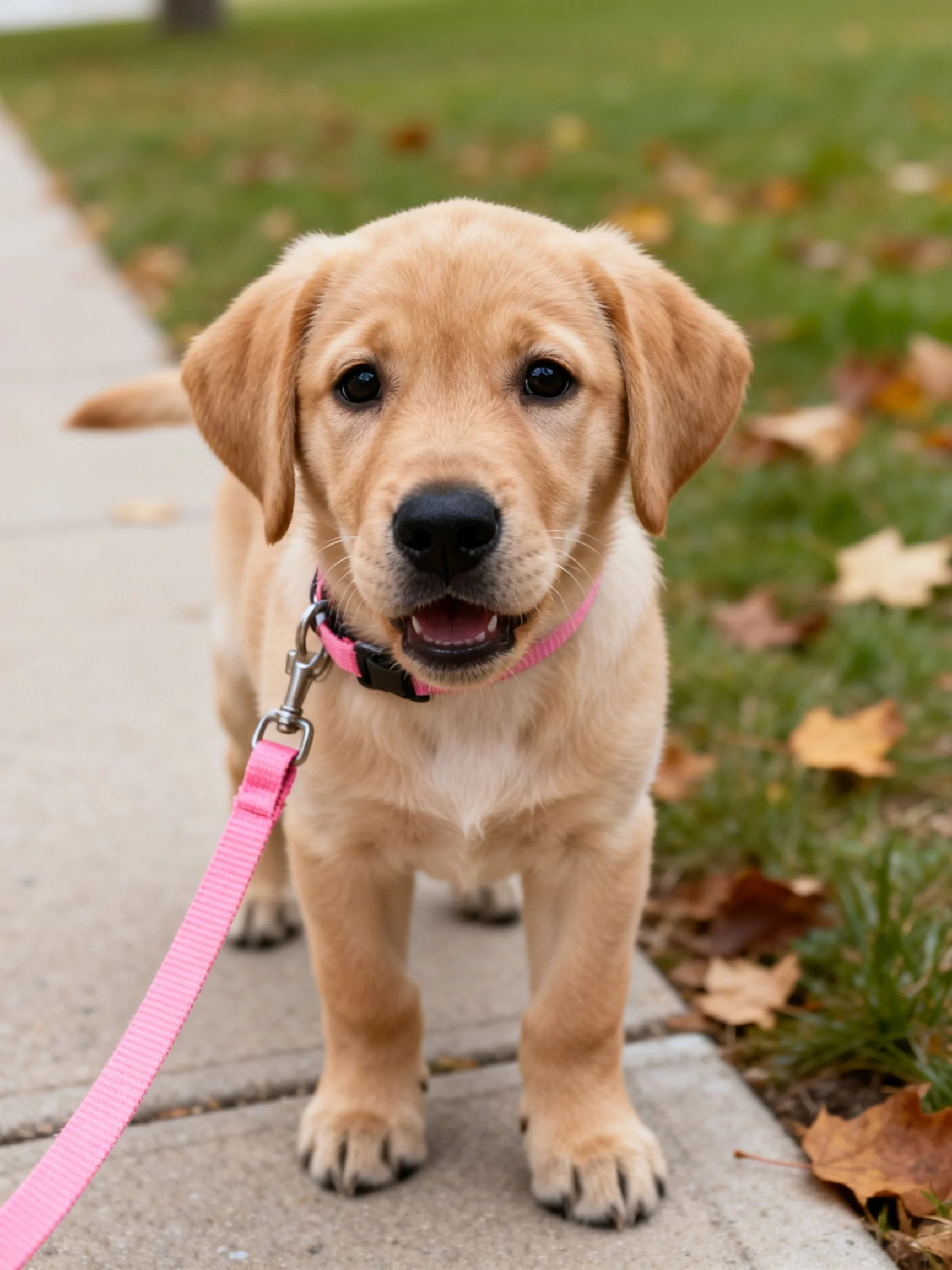 A golden retriever puppy stands on a sidewalk with a pink collar and leash.
