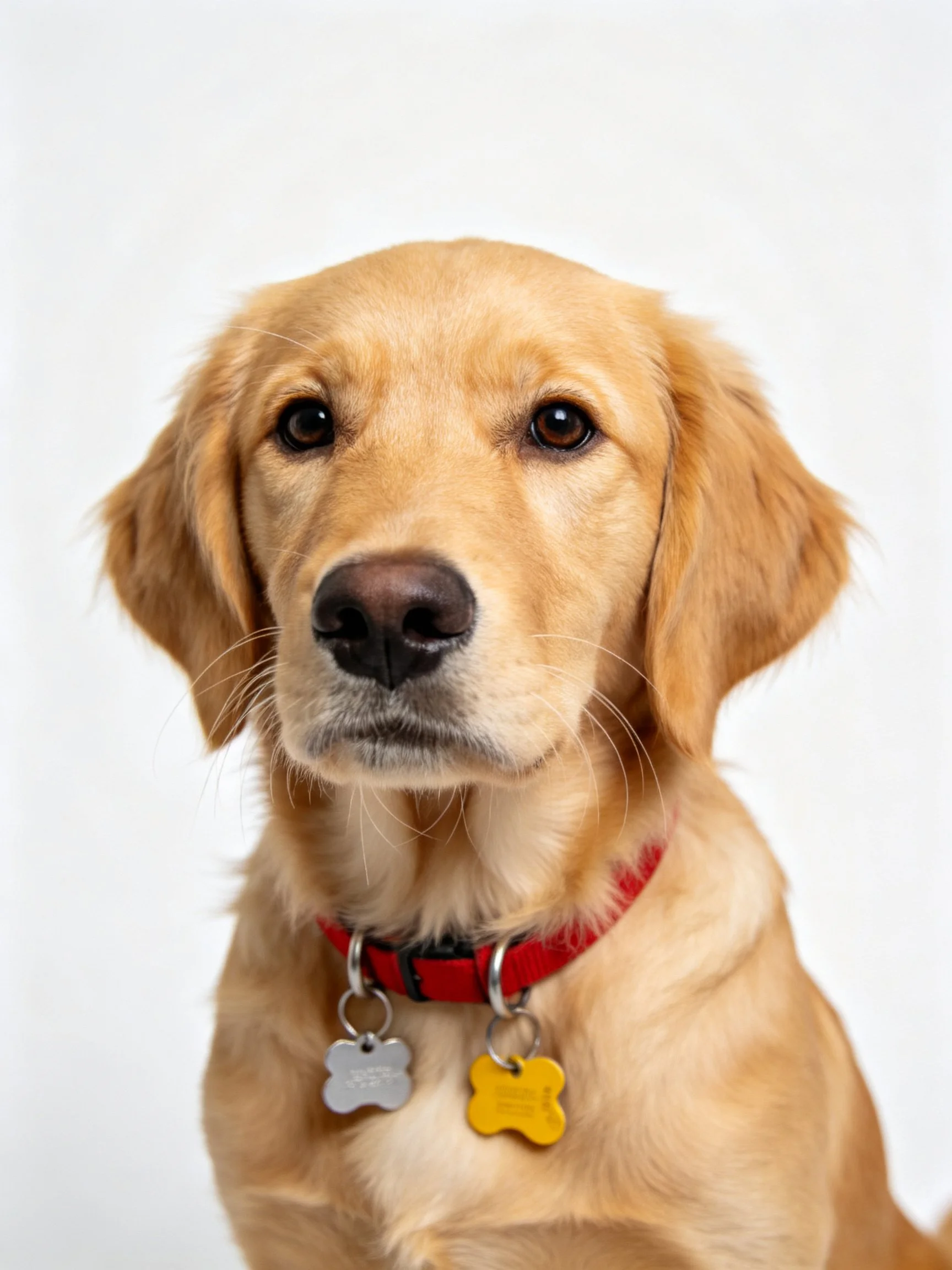A golden retriever puppy with a red collar is shown against a white background.