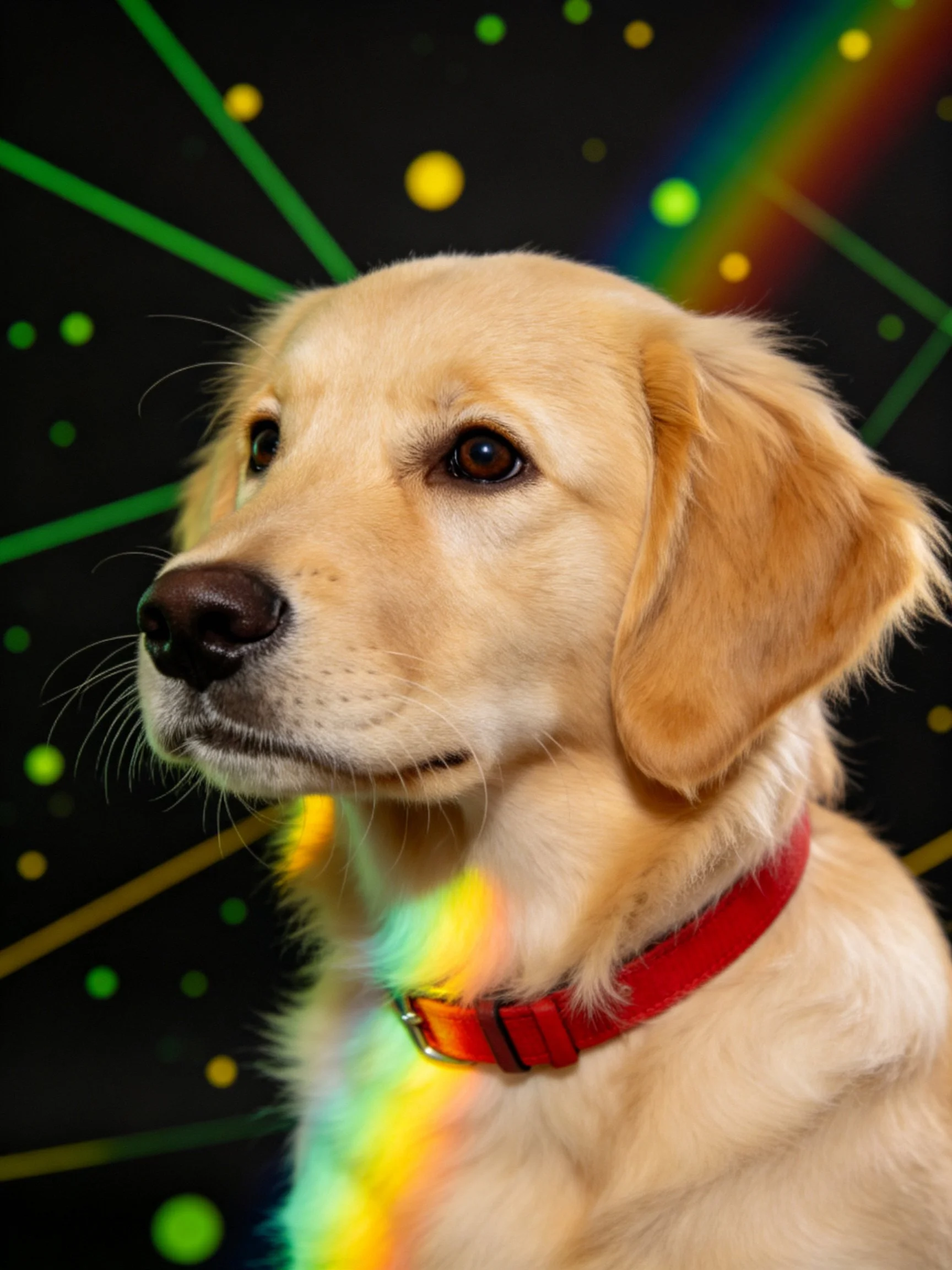 A golden retriever puppy with a red collar is positioned before a dark backdrop adorned with colorful neon lights.