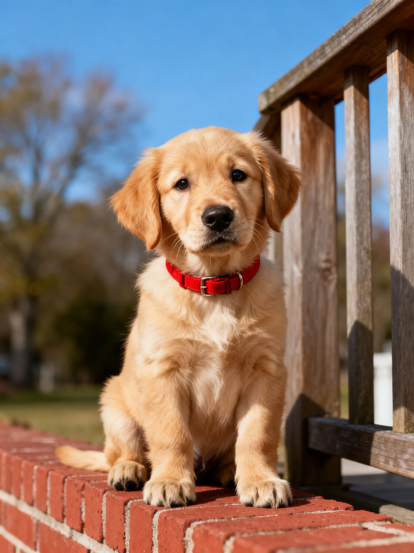 Golden retriever puppy with red collar sits on brick ledge.