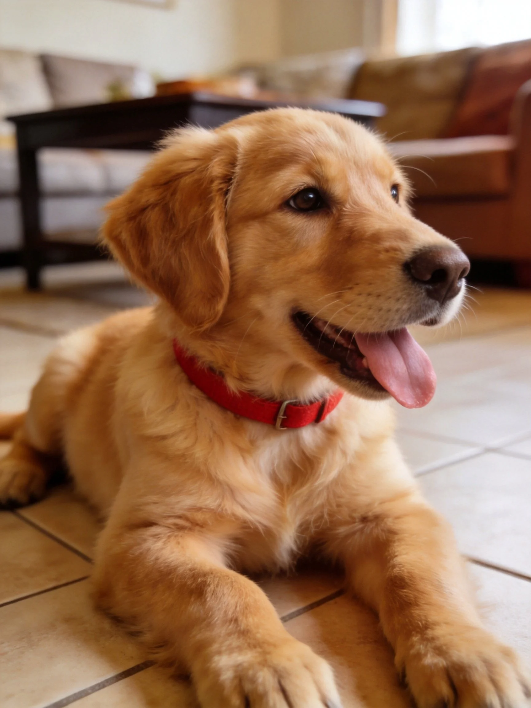 A golden retriever puppy wearing a red collar relaxes on tiled flooring inside a home.