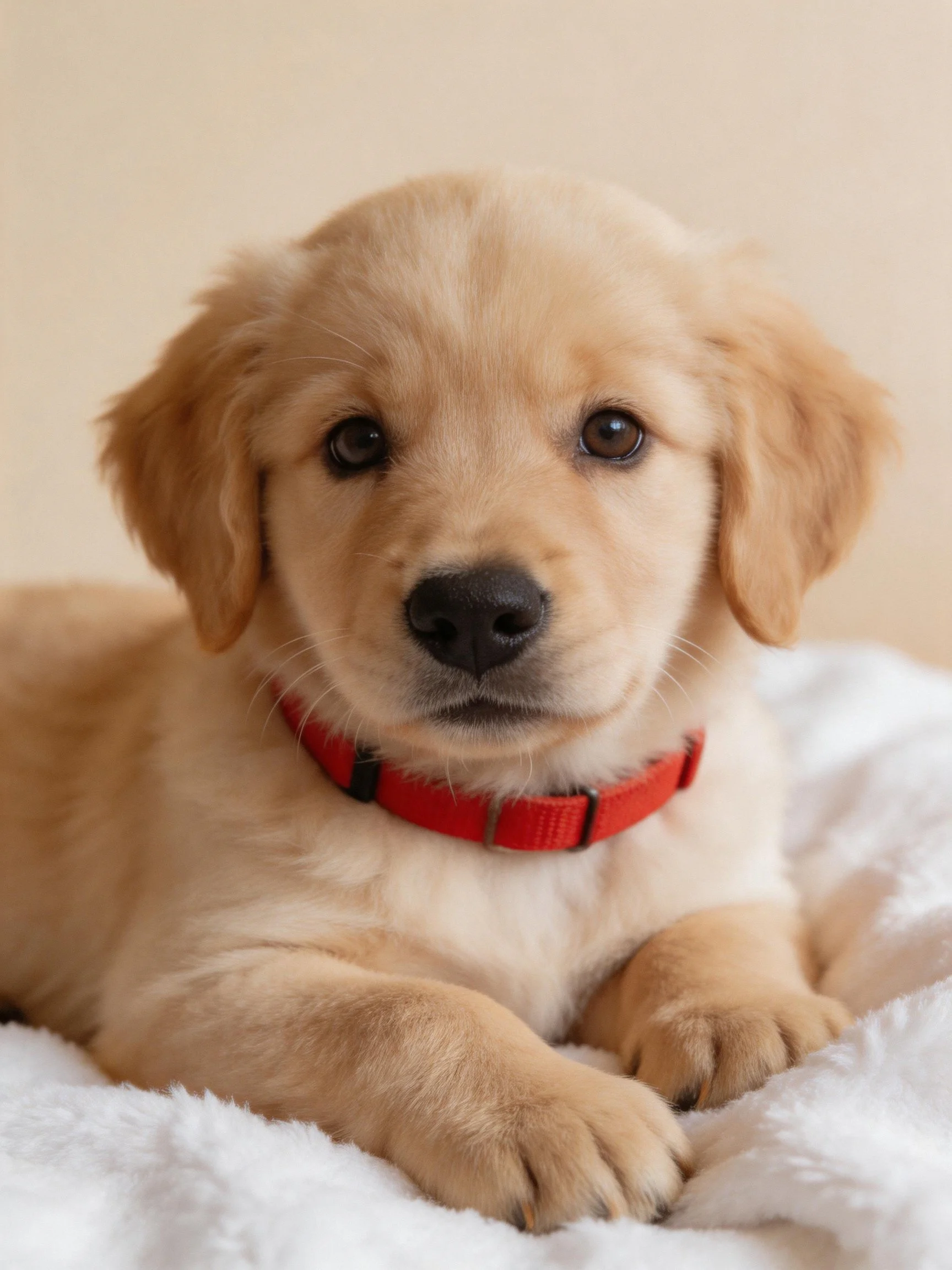 Golden retriever puppy with red collar relaxes on a white blanket