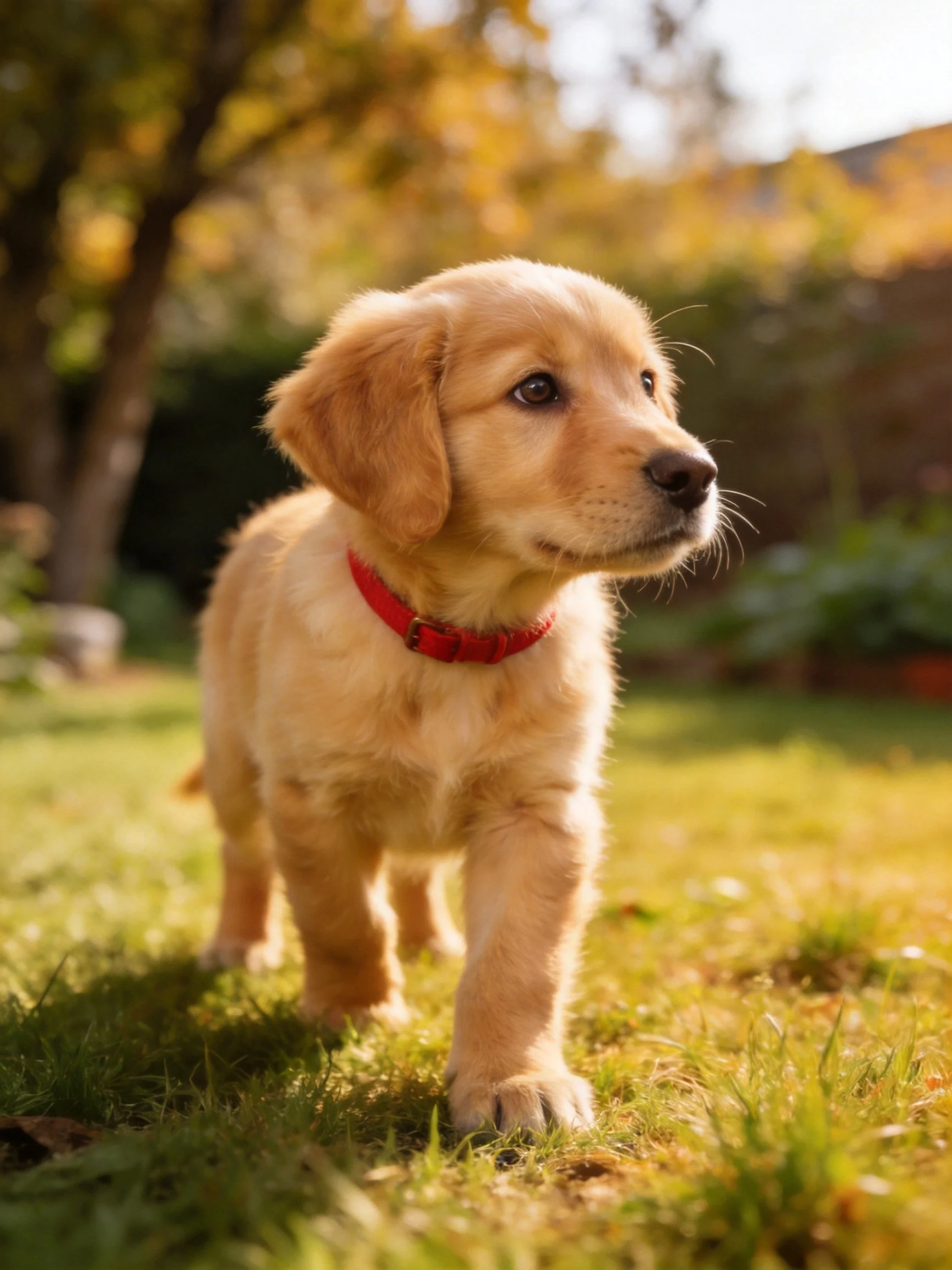 Golden retriever puppy explores sunlit grassy area.
