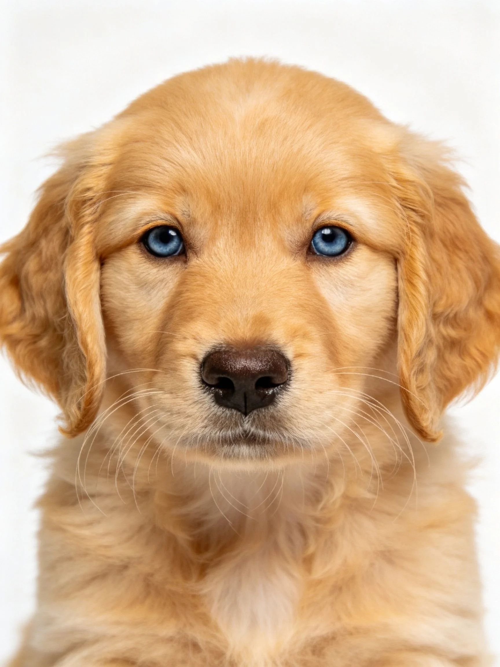 A golden retriever puppy looks directly at the camera with striking blue eyes.
