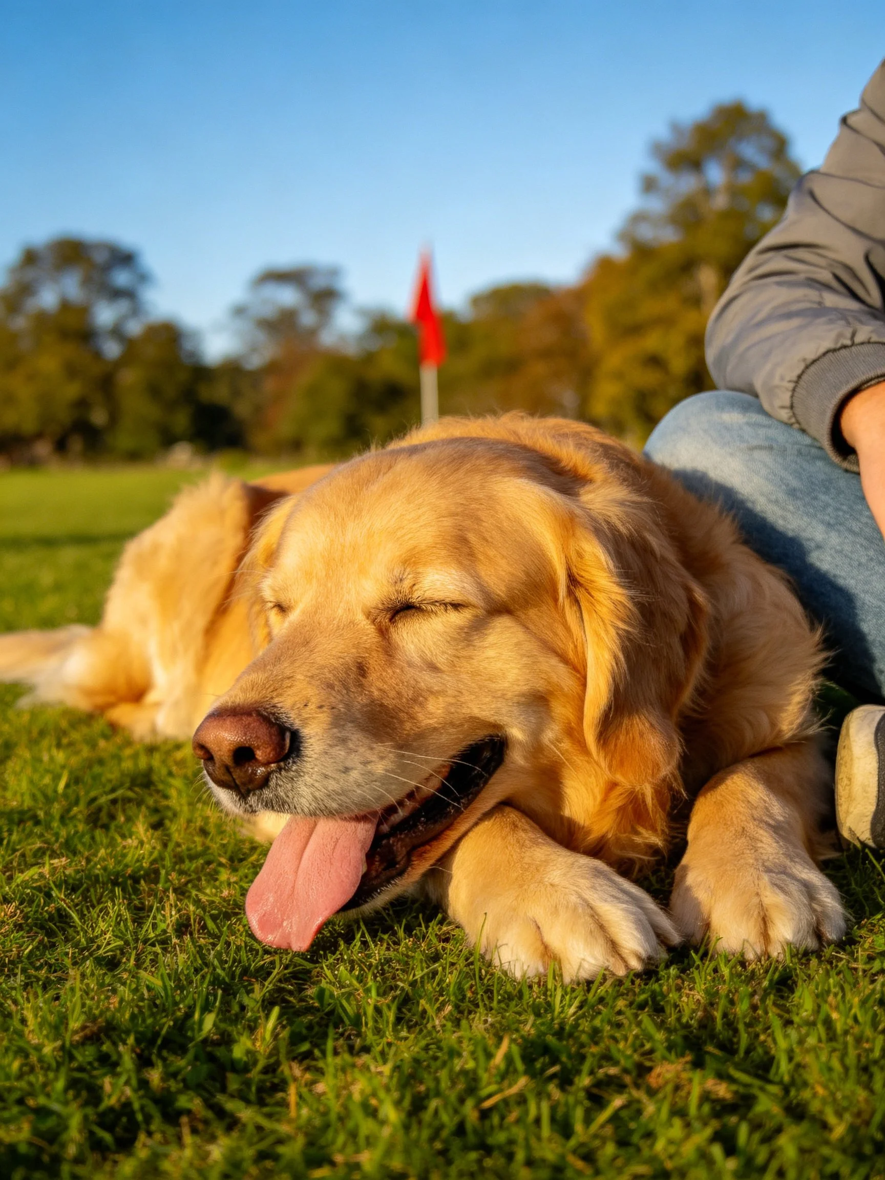 Golden retriever relaxing on grass beside a person in a sunny park