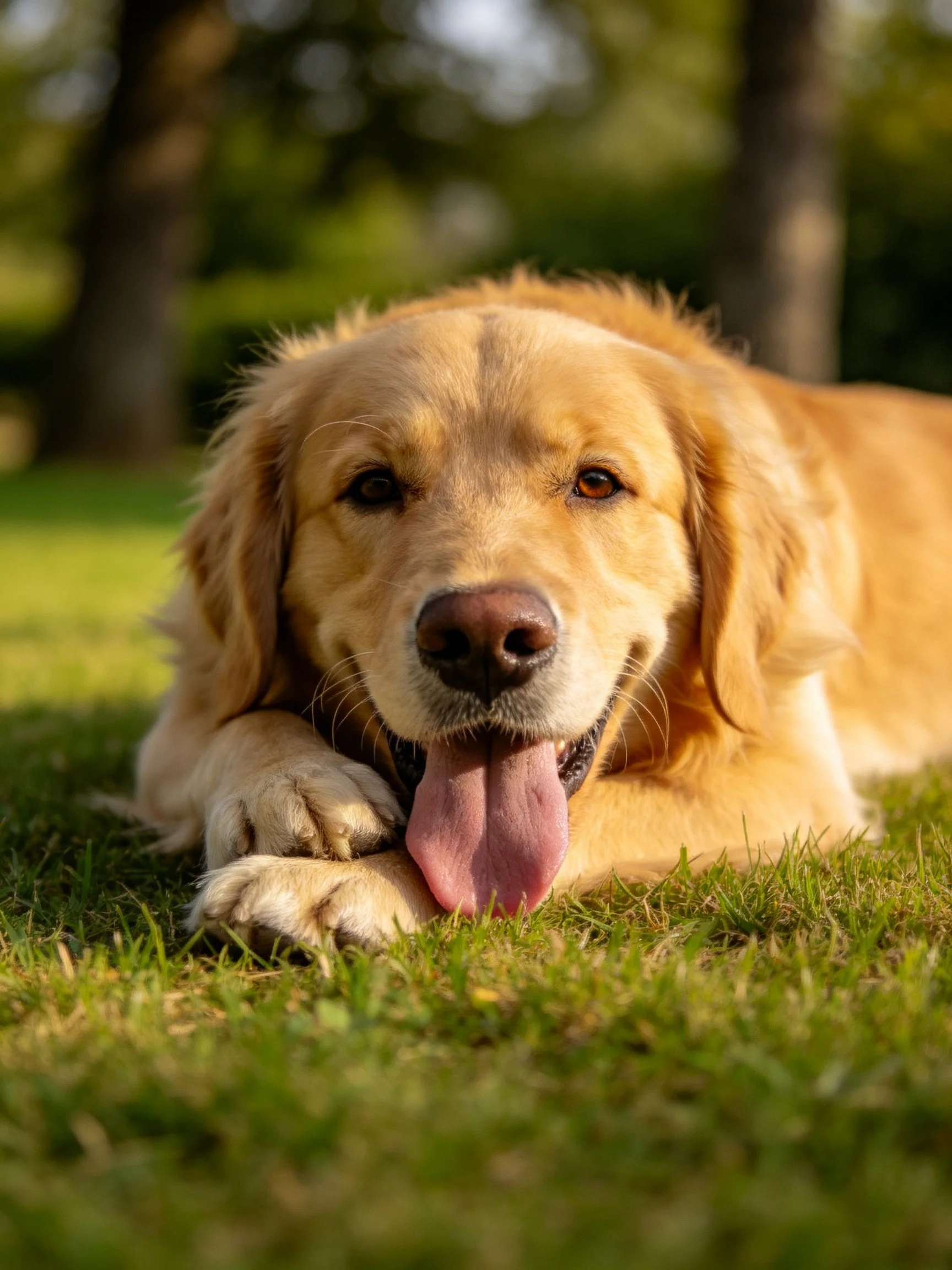 A golden retriever rests peacefully on grass in a sunlit outdoor area.