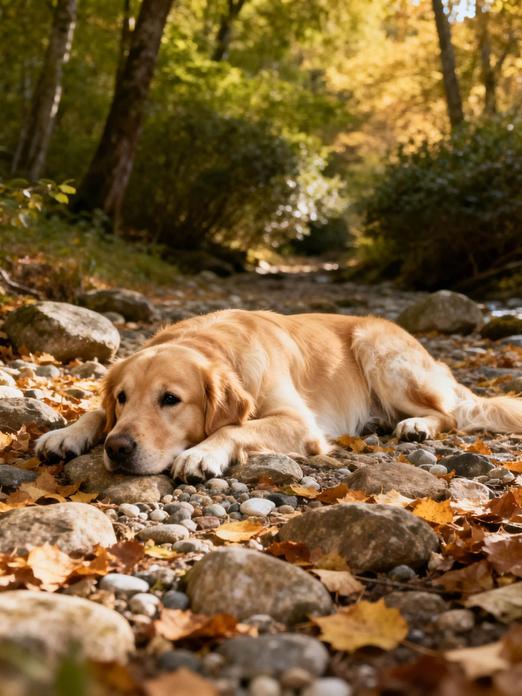 A golden retriever rests among autumn leaves and stones in a sunlit wooded area.