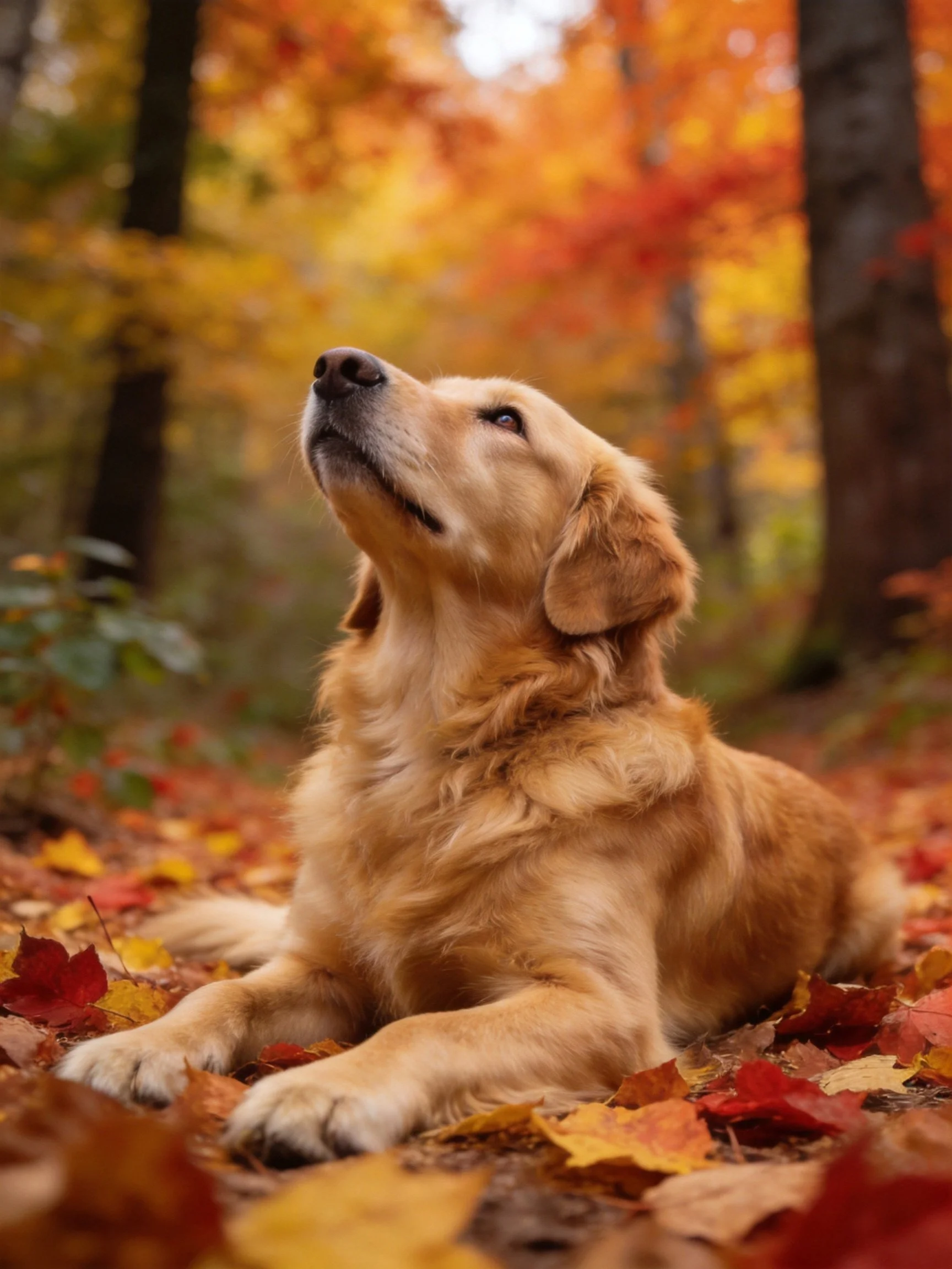 A golden retriever rests among autumn leaves in a forest.