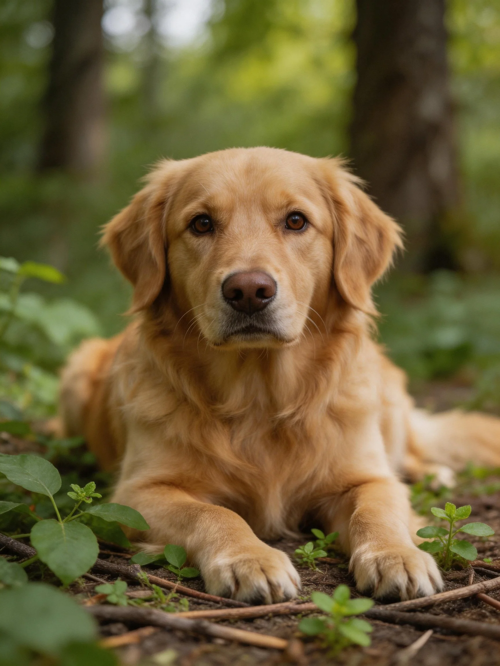 A golden retriever lies calmly among green plants in a forest.