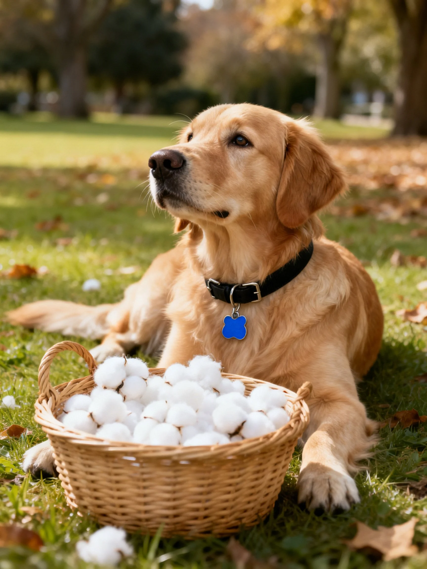 A golden retriever lies on grass next to a basket of cotton balls in a sunlit park.