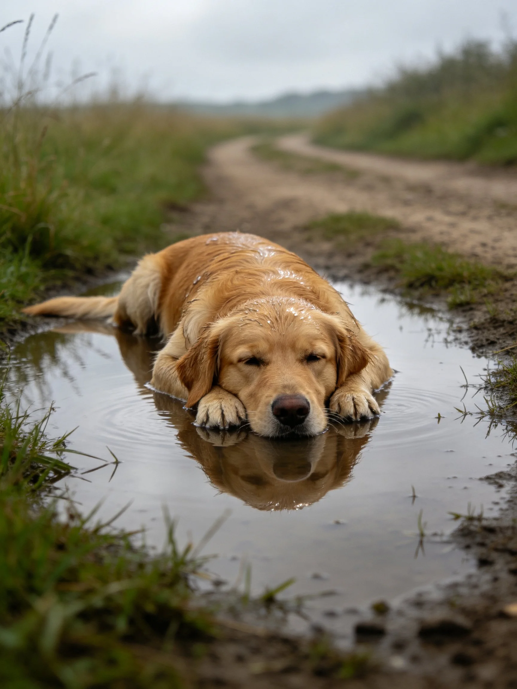Golden retriever resting in a muddy puddle on a rural dirt road