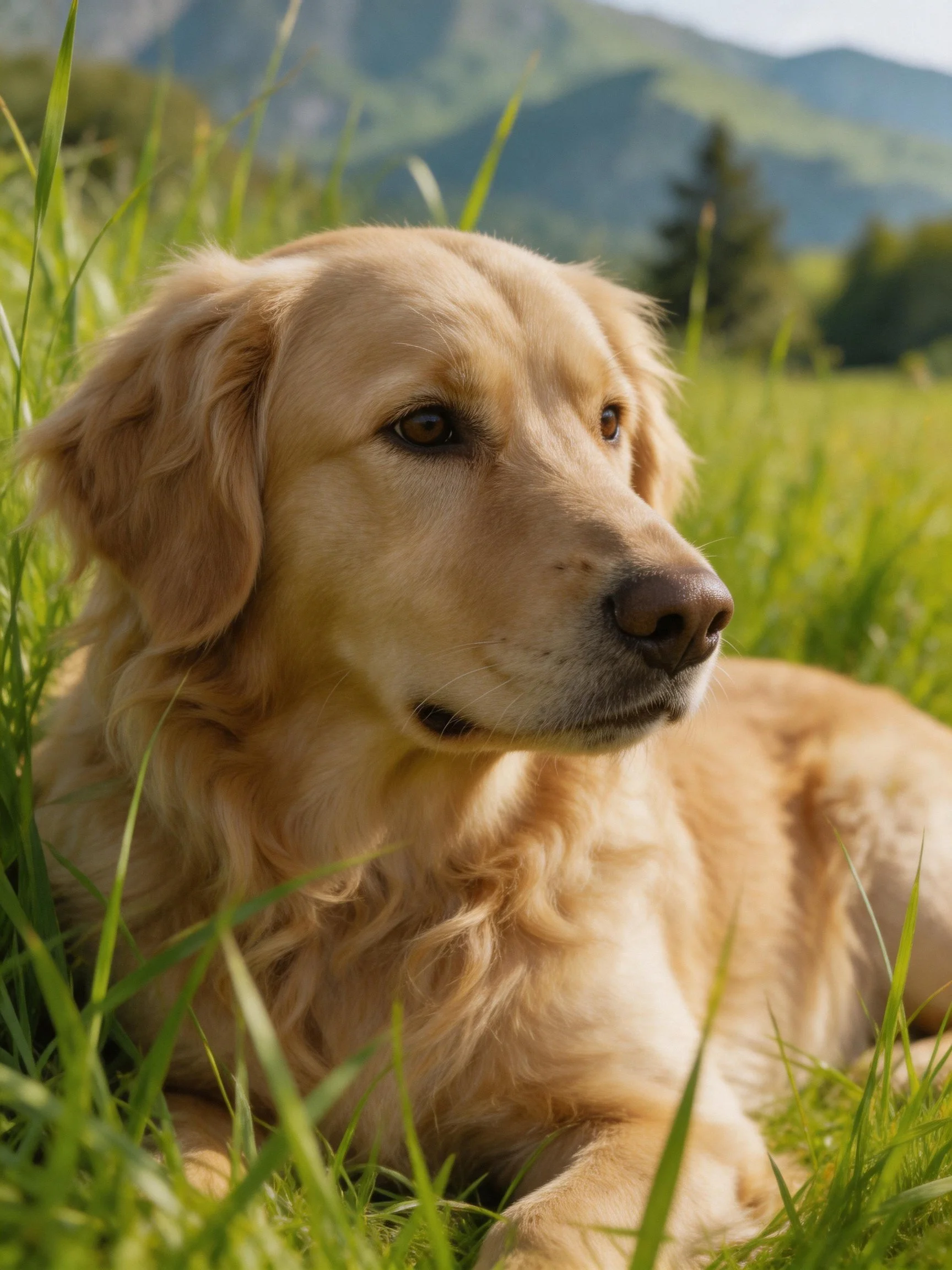 Golden retriever relaxes in a grassy field with mountains in the distance.