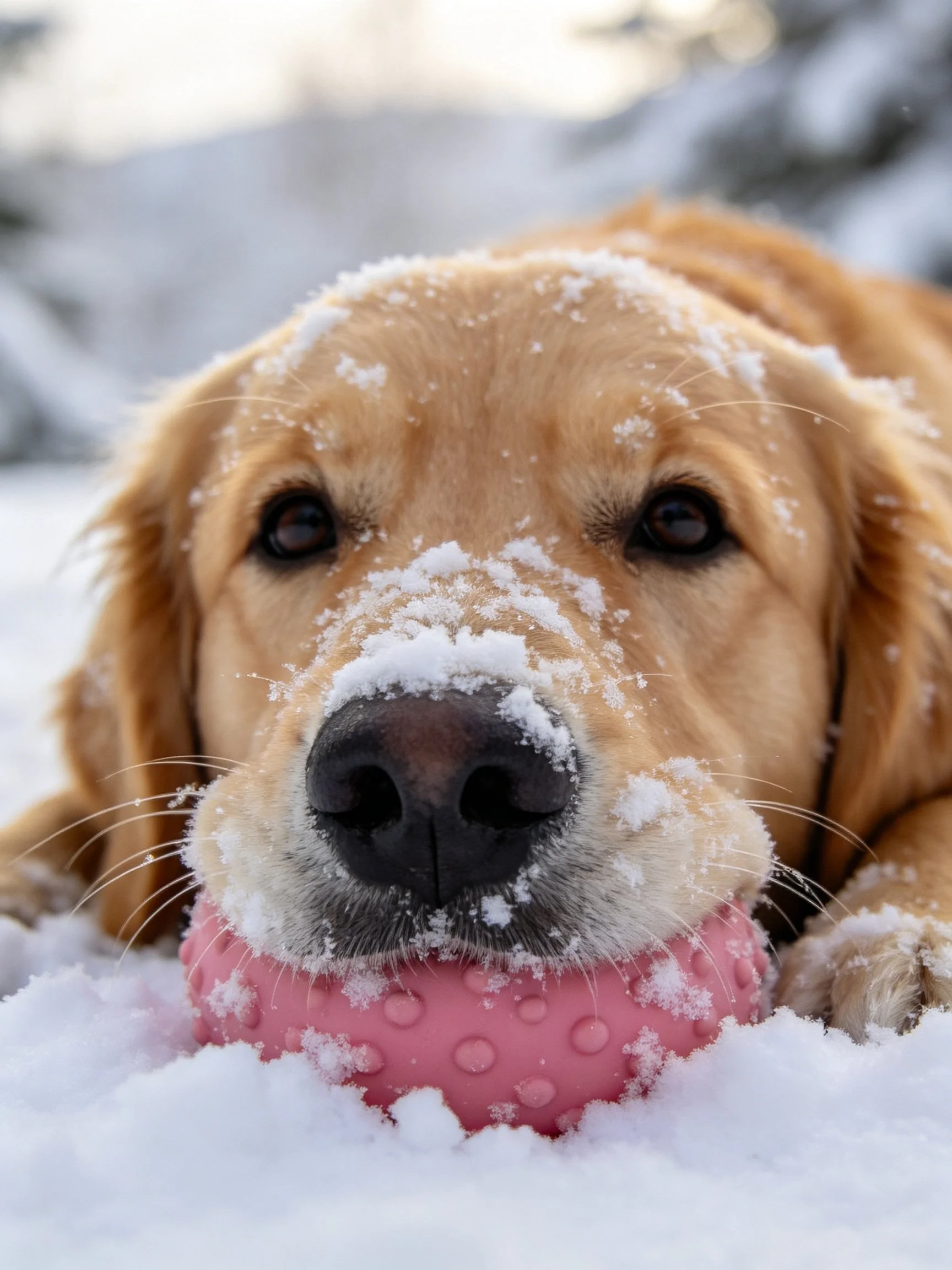 A golden retriever holds a pink toy while lying in the snow.